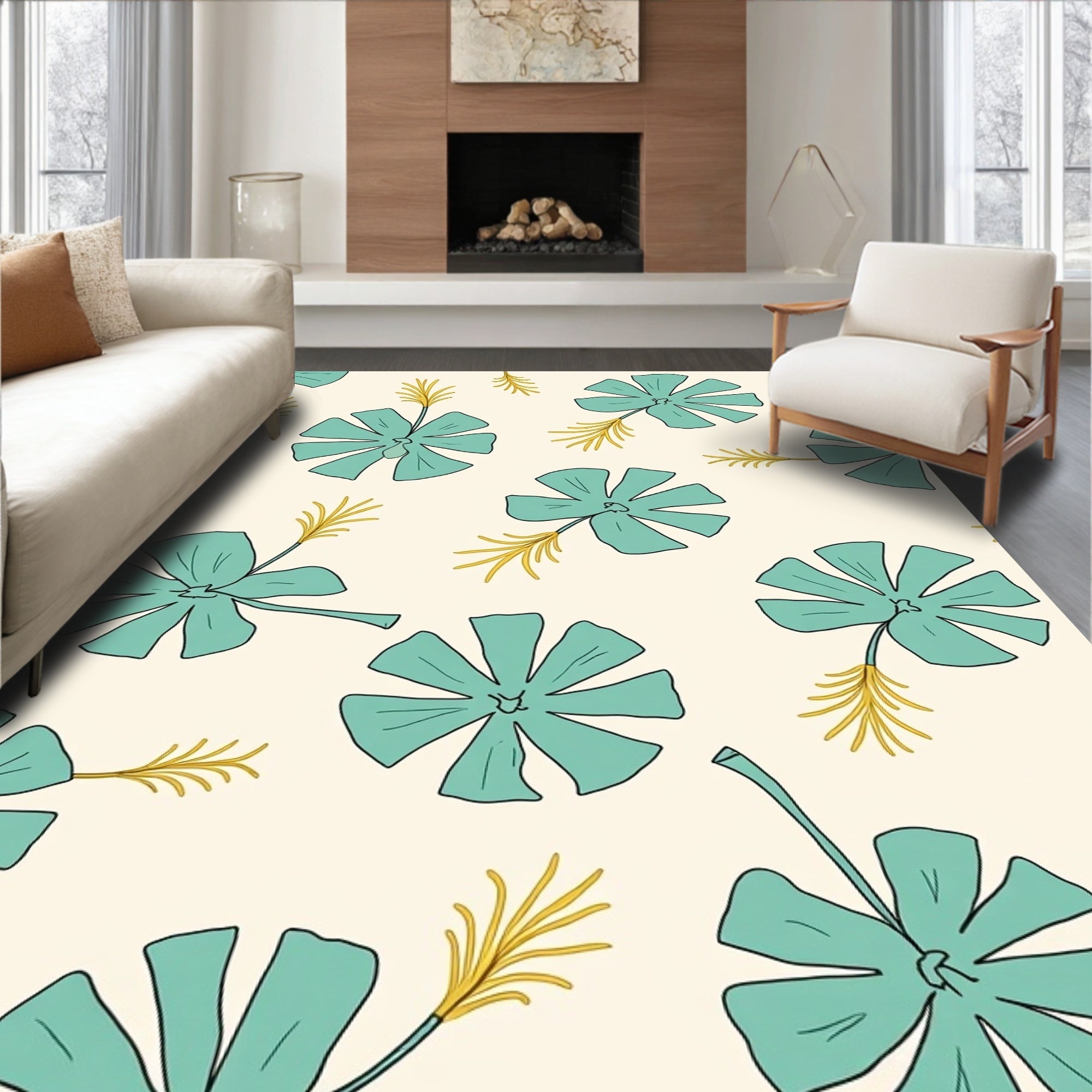 Teal Petal And Fern Pattern Rug