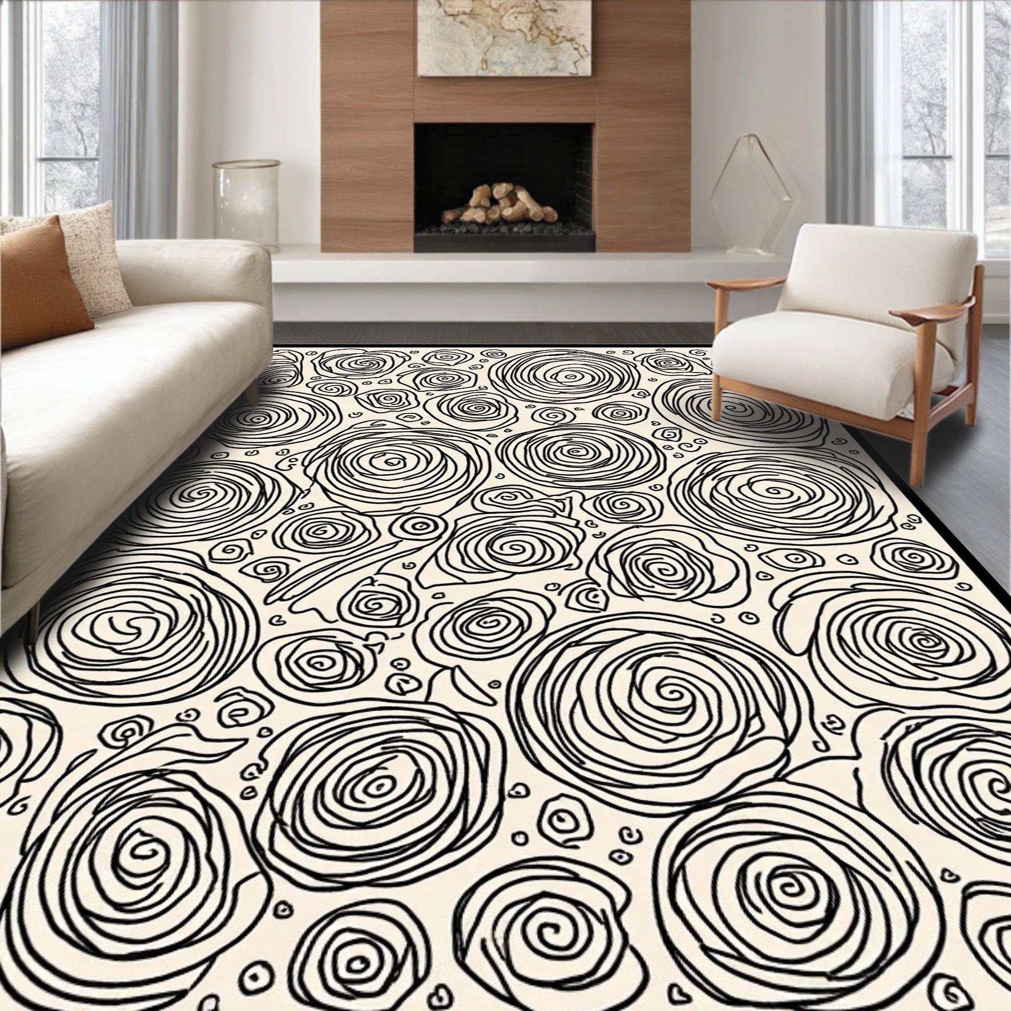 Black Swirl Floral Pattern Rug