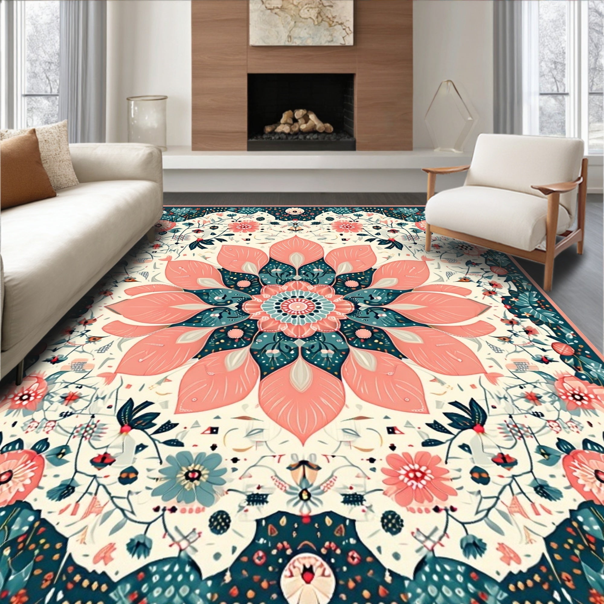 Coral Teal Floral Mandala Design Rug