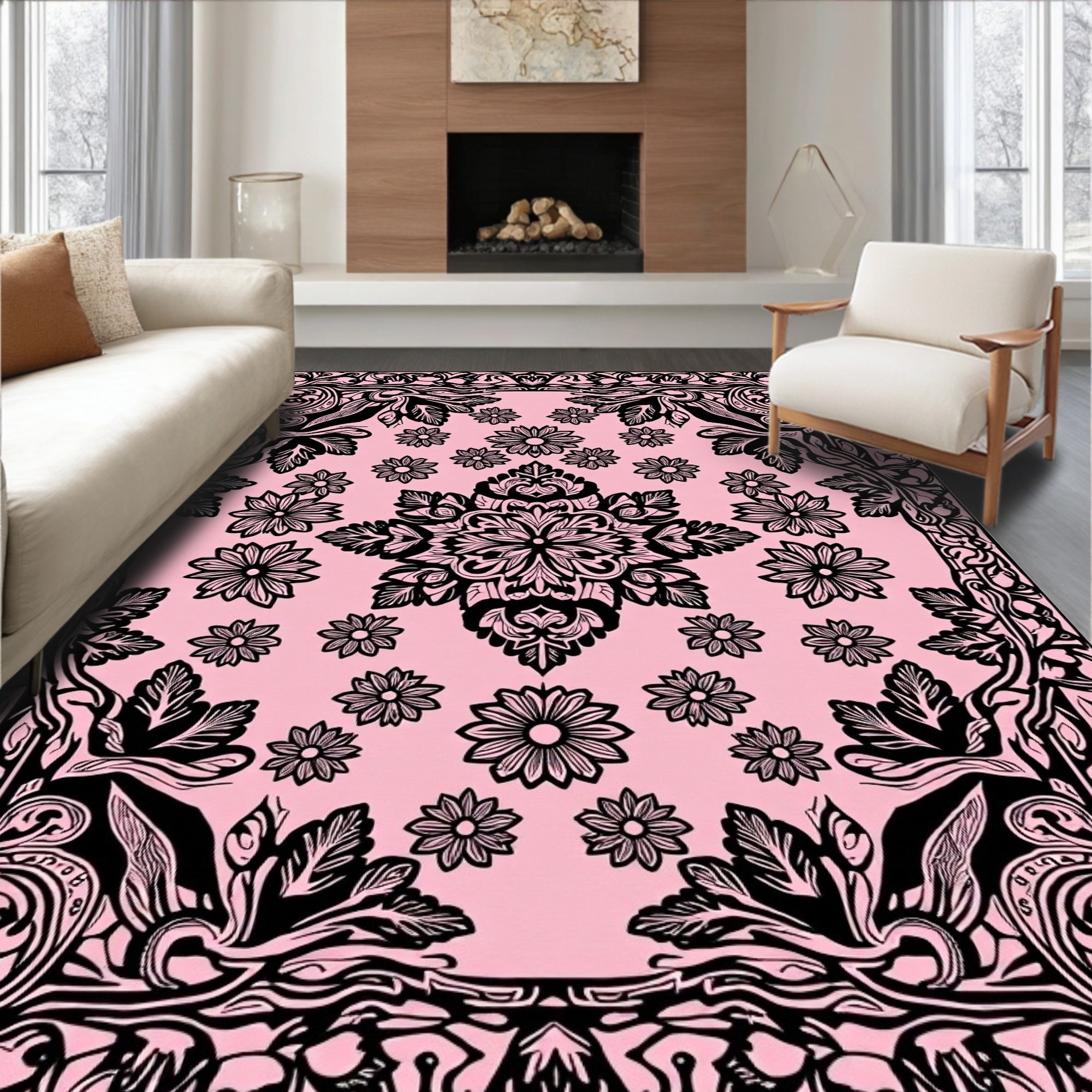Black Floral Mandala Pattern Pink Rug