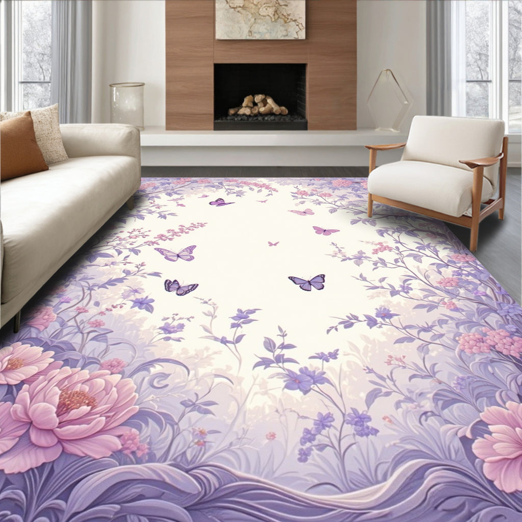 Whimsical Purple Floral Butterfly Garden Rug