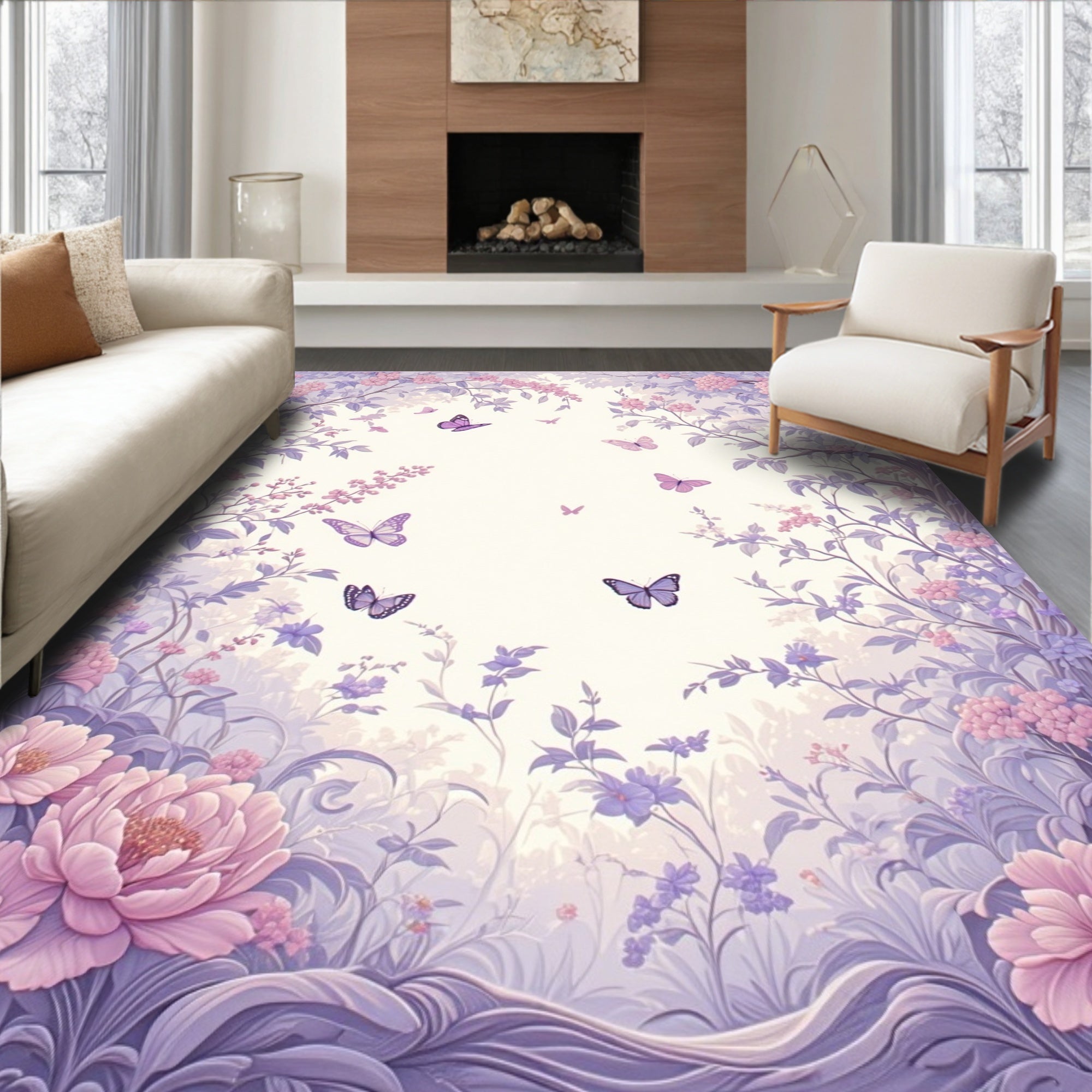 Whimsical Purple Floral Butterfly Garden Rug