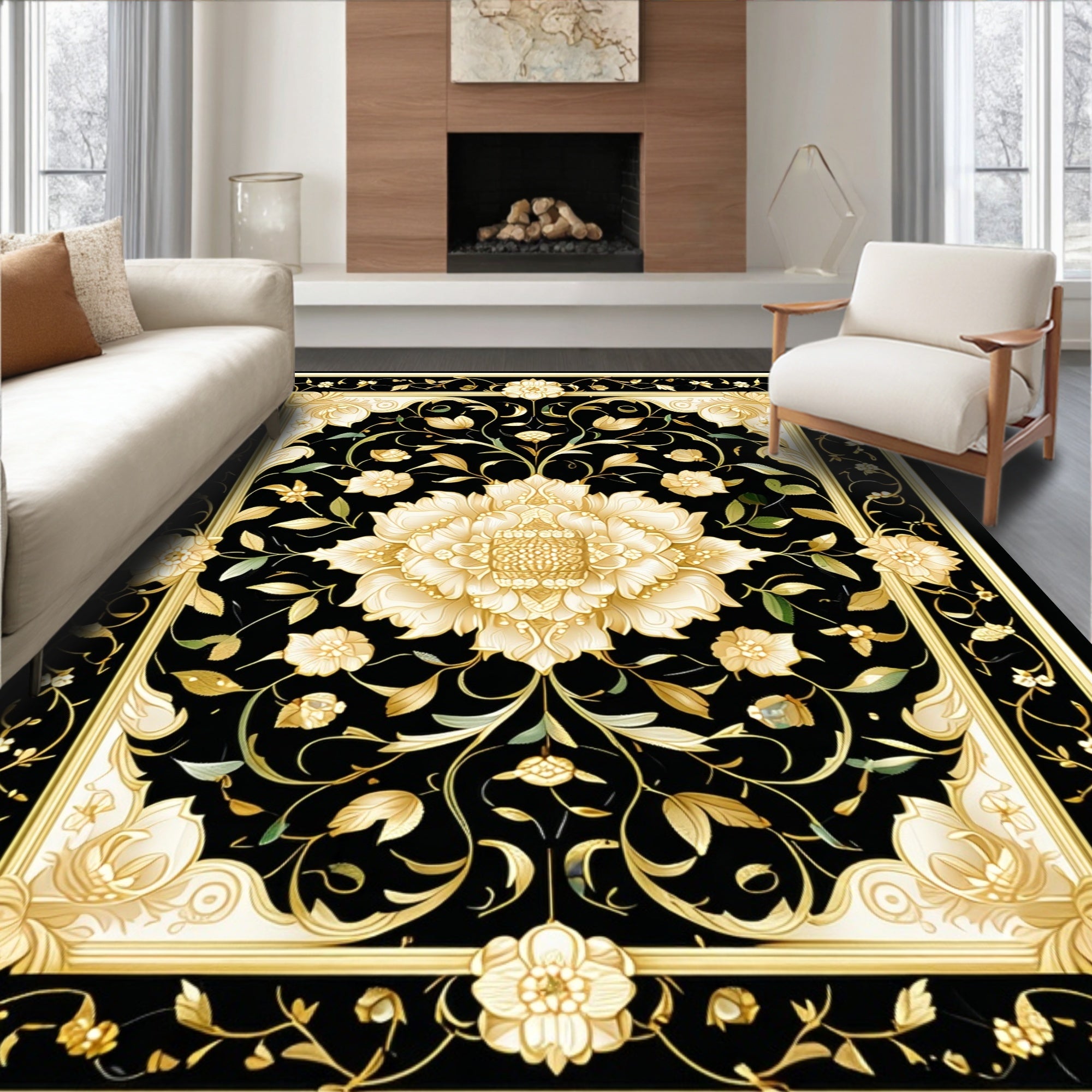 Black Gold Floral Scrollwork Rug