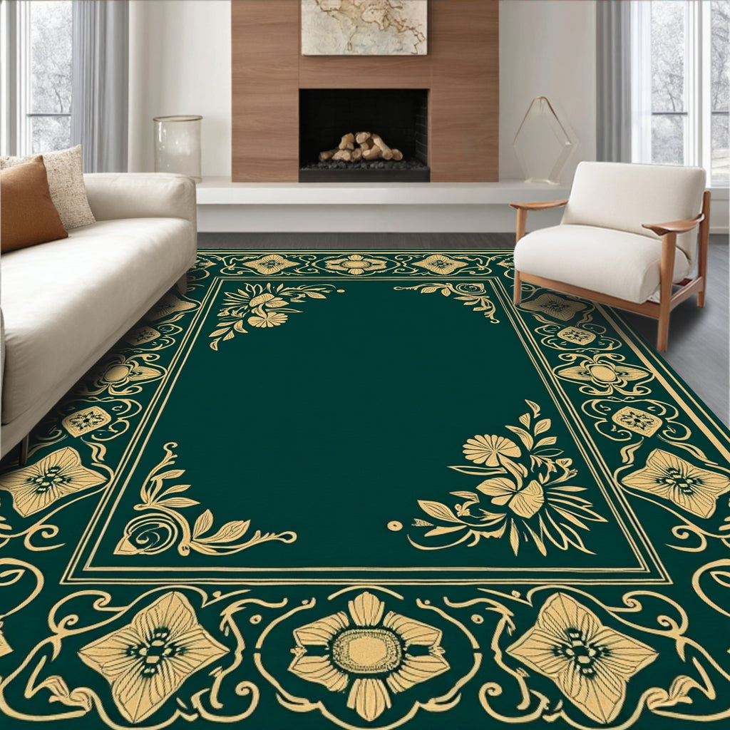 Emerald Green Floral Vine Border Design Rug