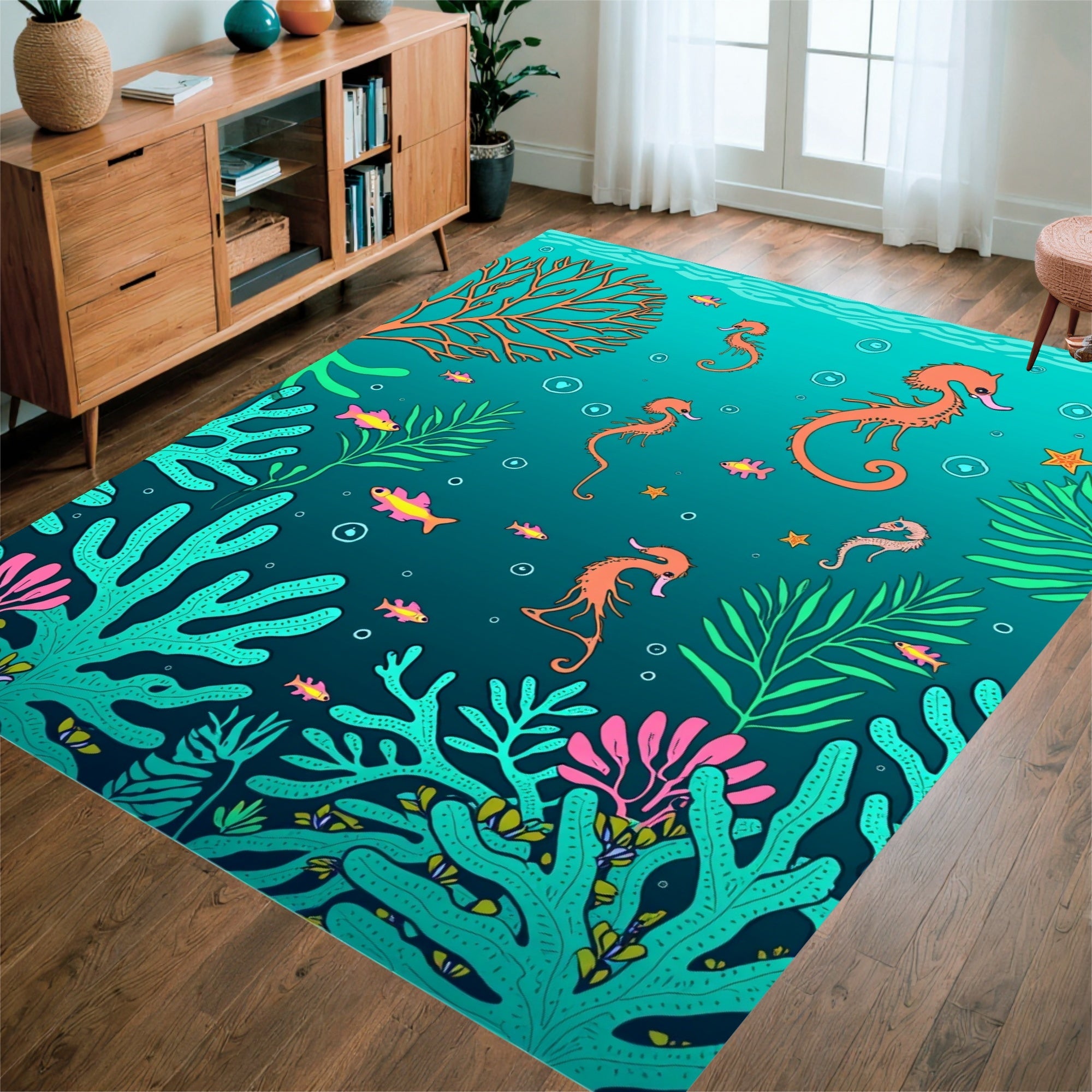 Whimsical Seahorse and Coral Reef Design Rug