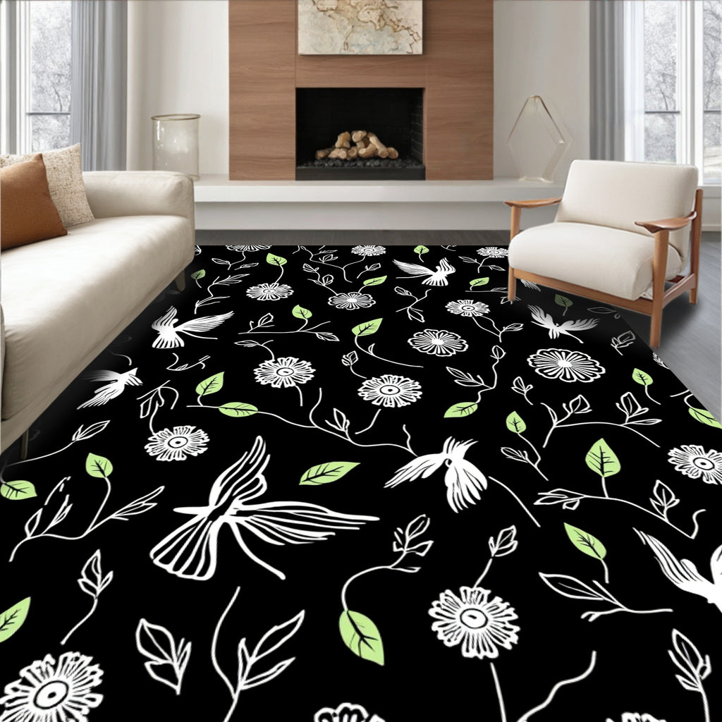 Whimsical Bird Flower Silhouette Pattern Rug