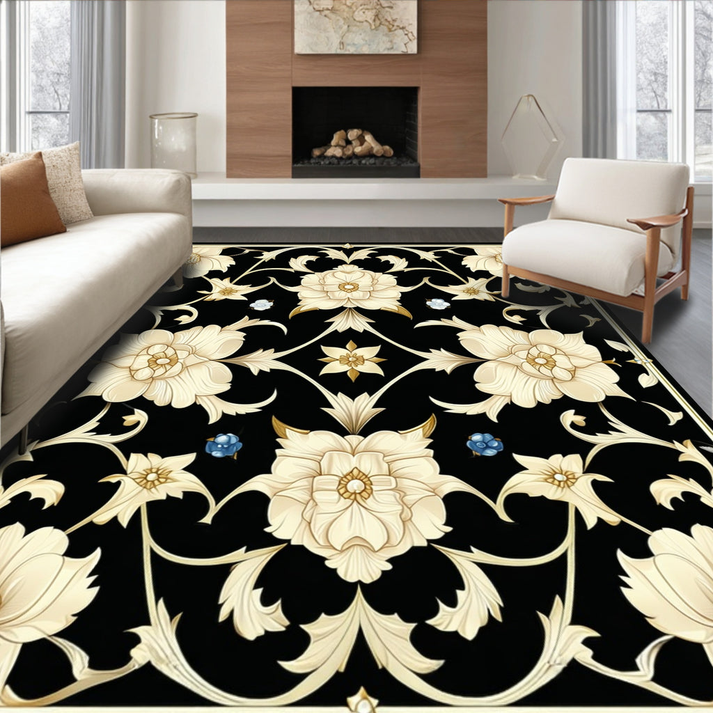 Cream Floral Arabesque Black Rug