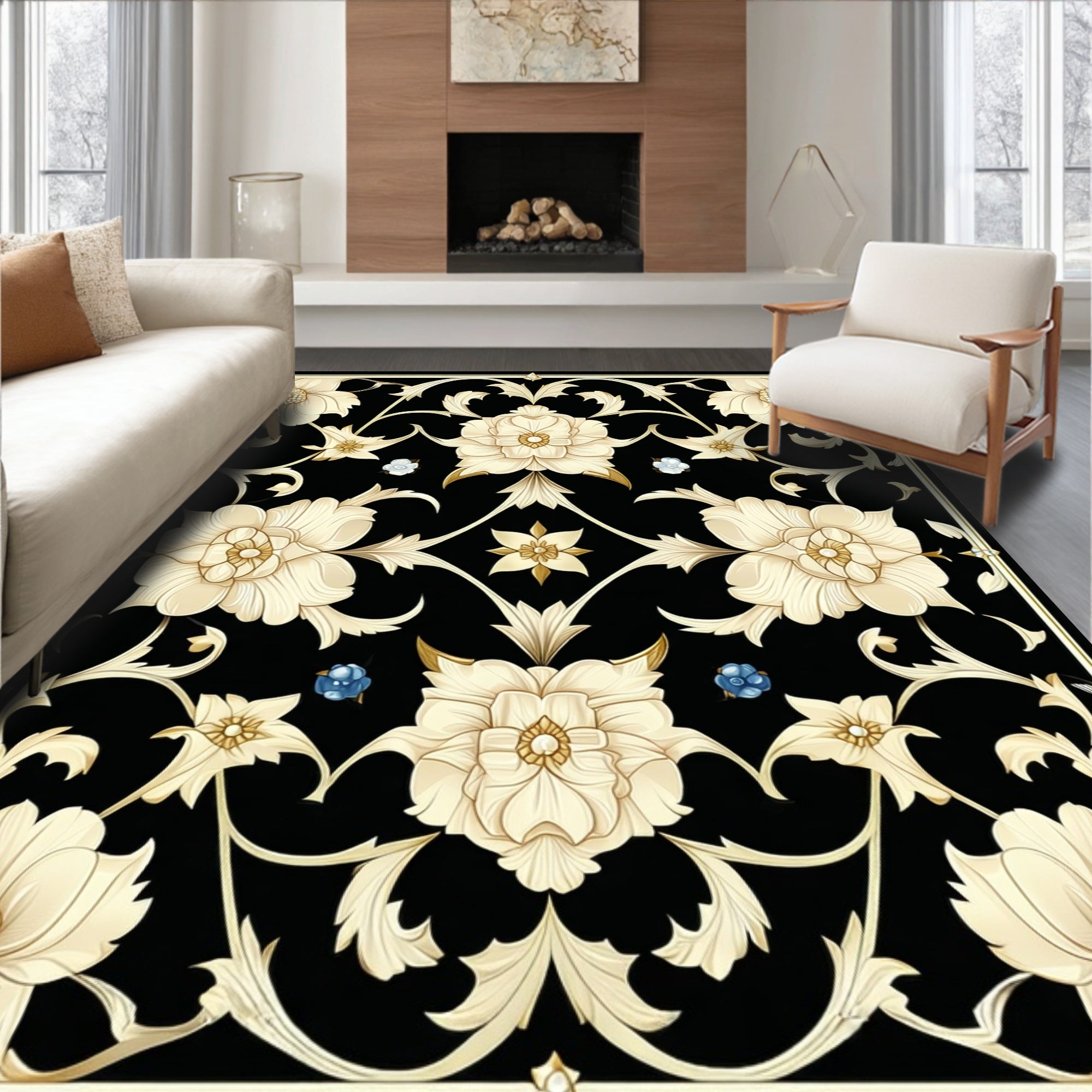 Cream Floral Arabesque Black Rug