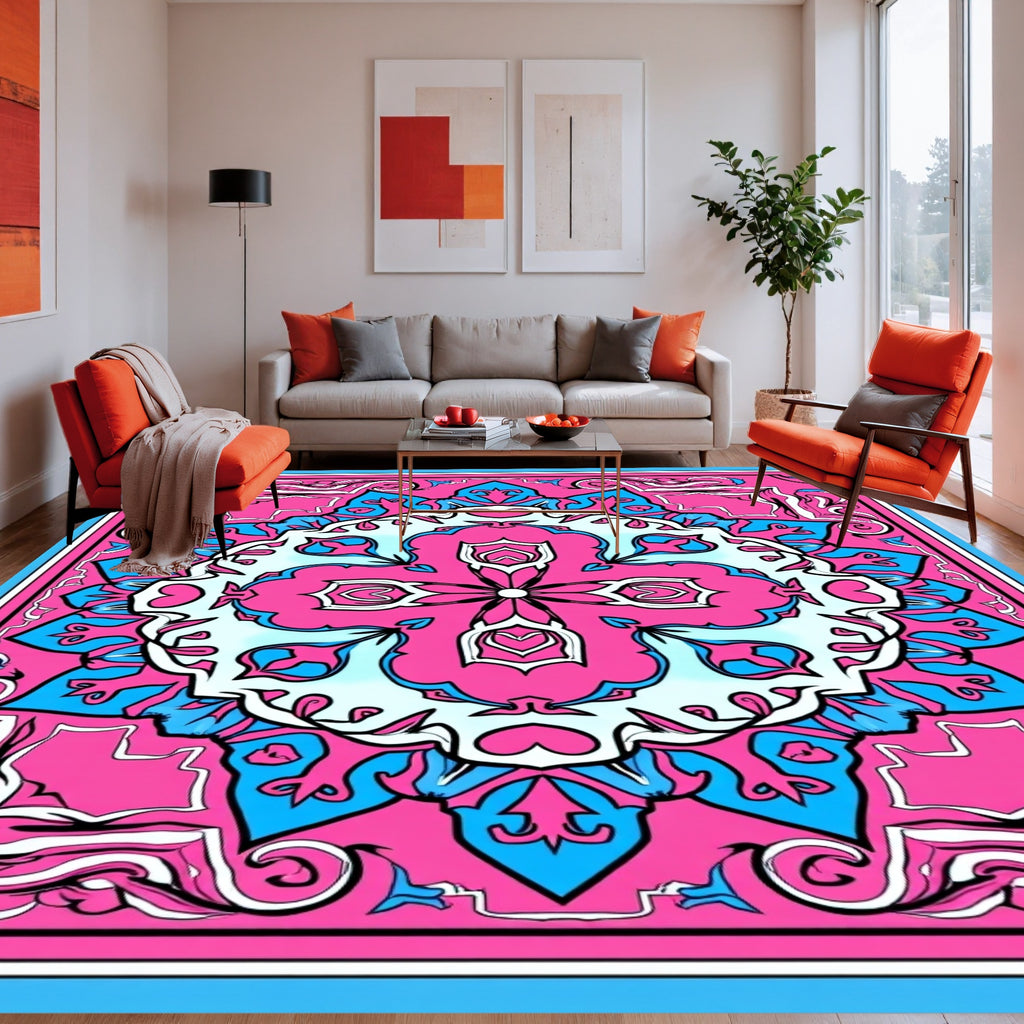 Vivid Pink Blue Kaleidoscope Pattern Rug
