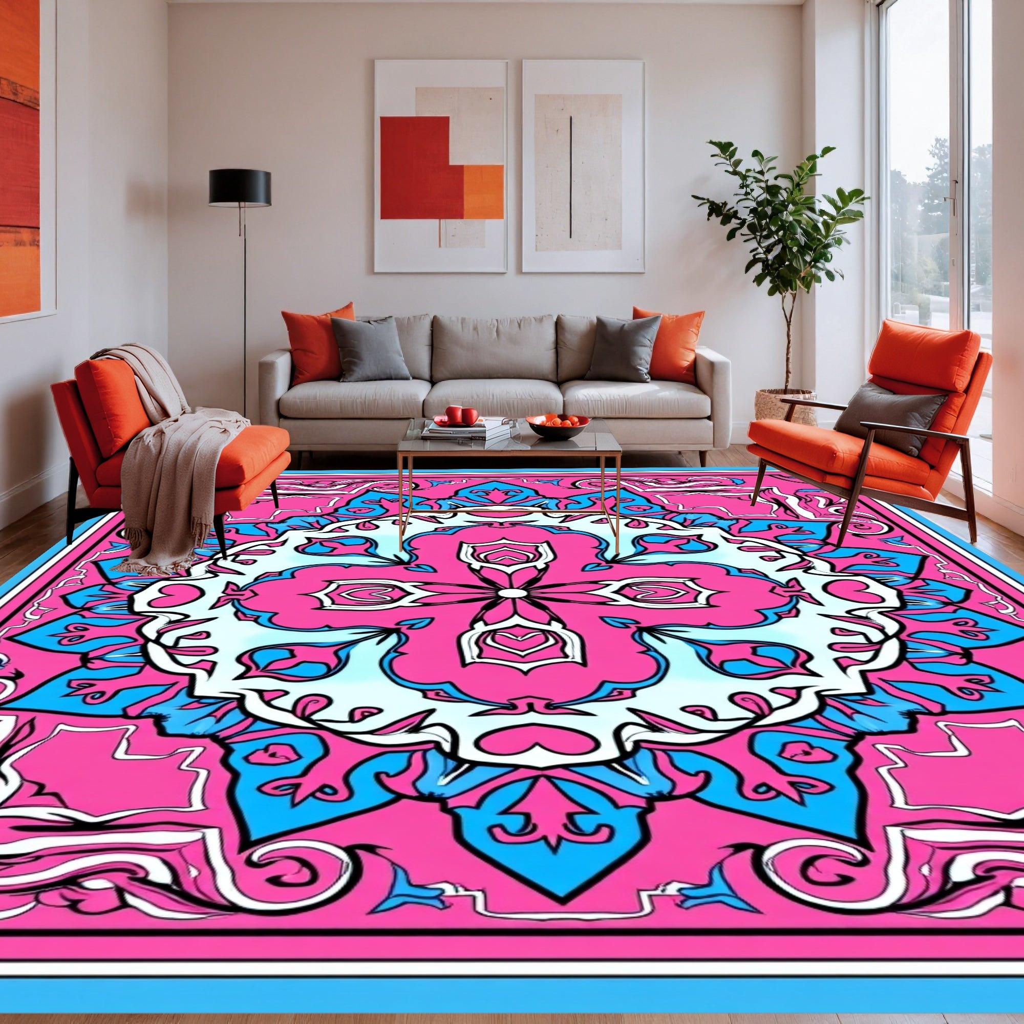 Vivid Pink Blue Kaleidoscope Pattern Rug