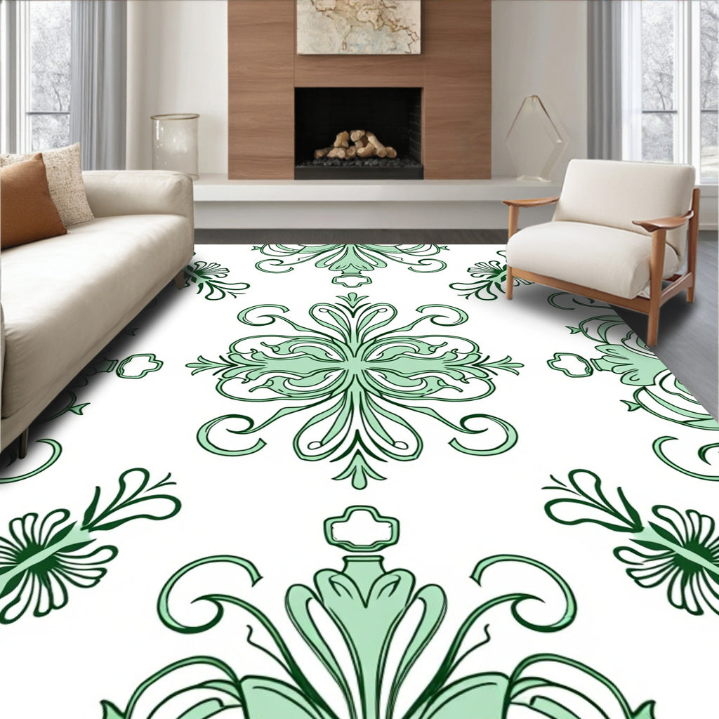Green Floral Swirl Decorative Pattern Rug