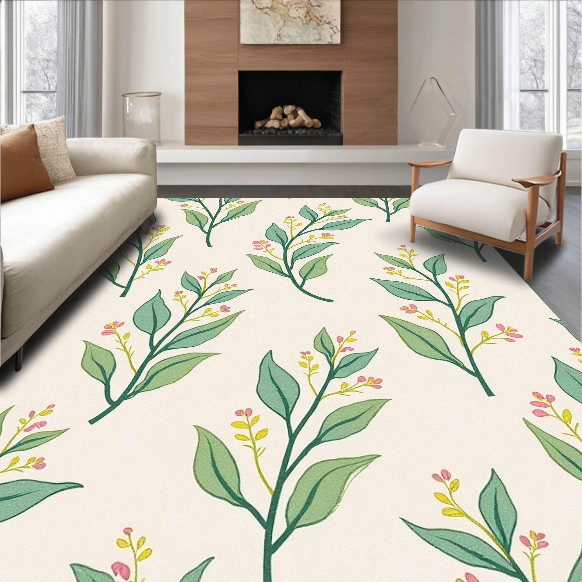 Botanical Floral Branch Pattern Rug