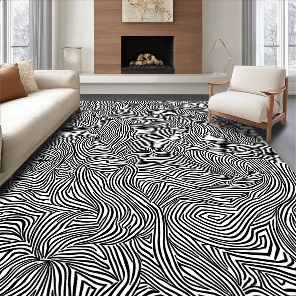 Abstract Black White Swirls Pattern Rug