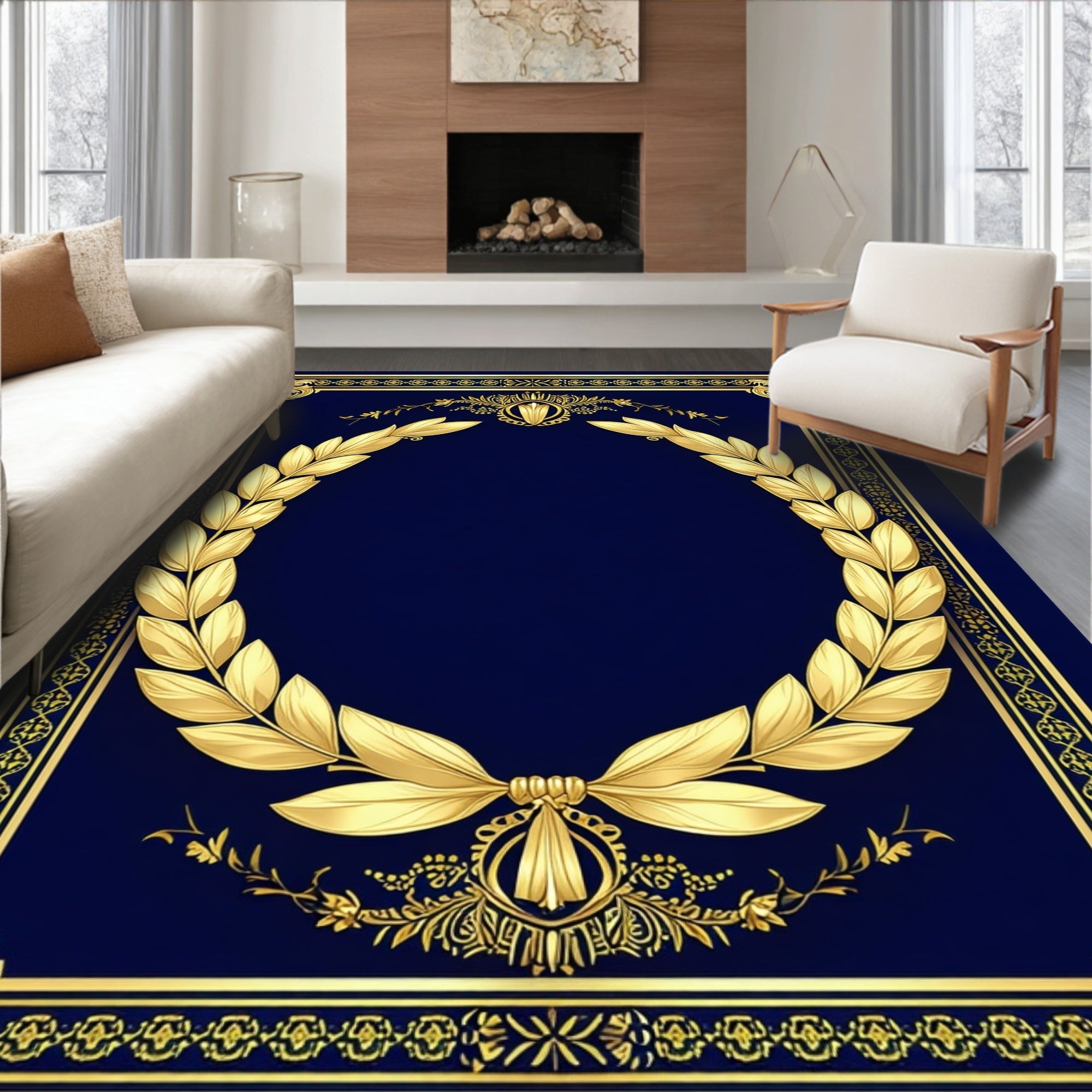 Ornate Gold Laurel Wreath Design Rug