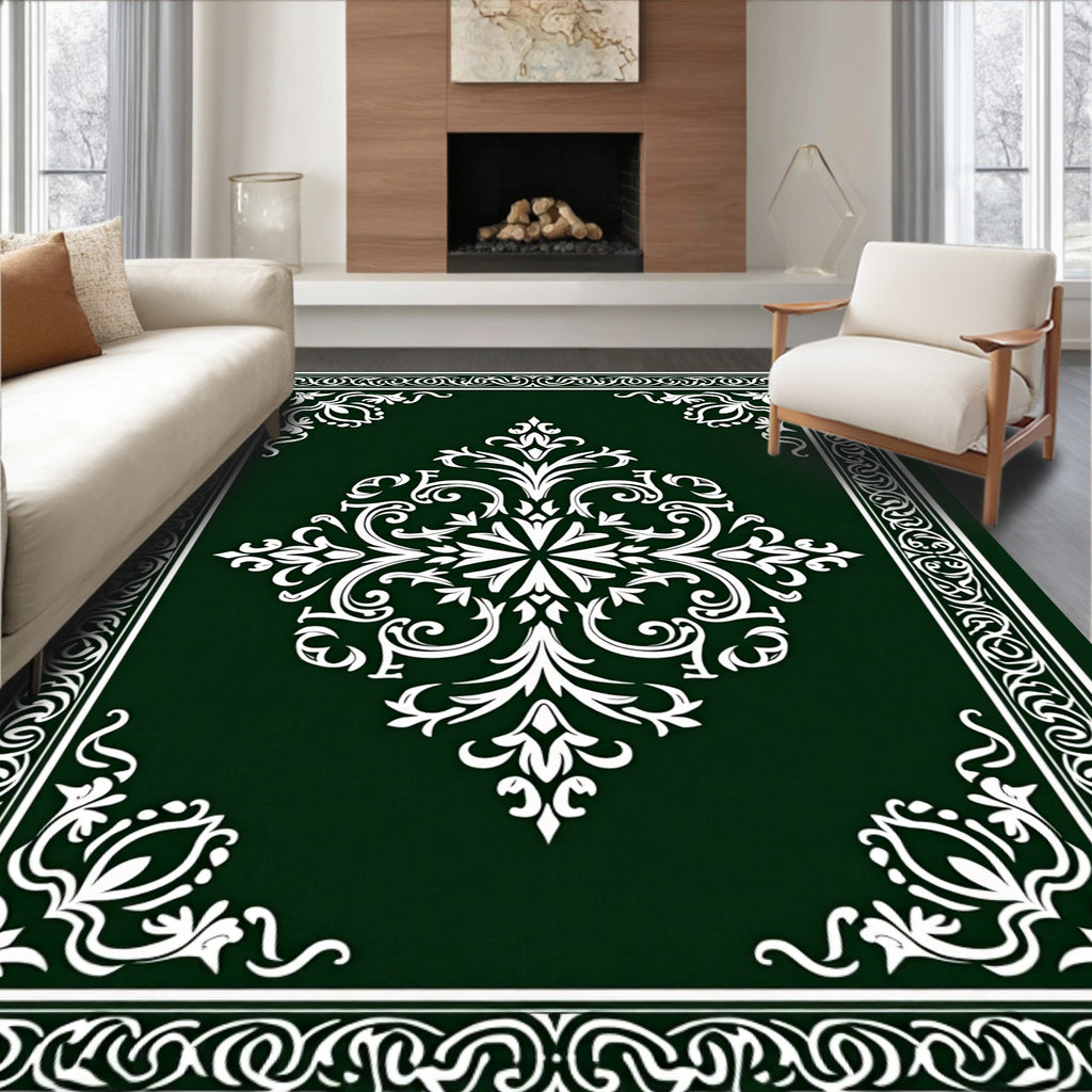 Traditional Dark Green Floral Mandala Rug