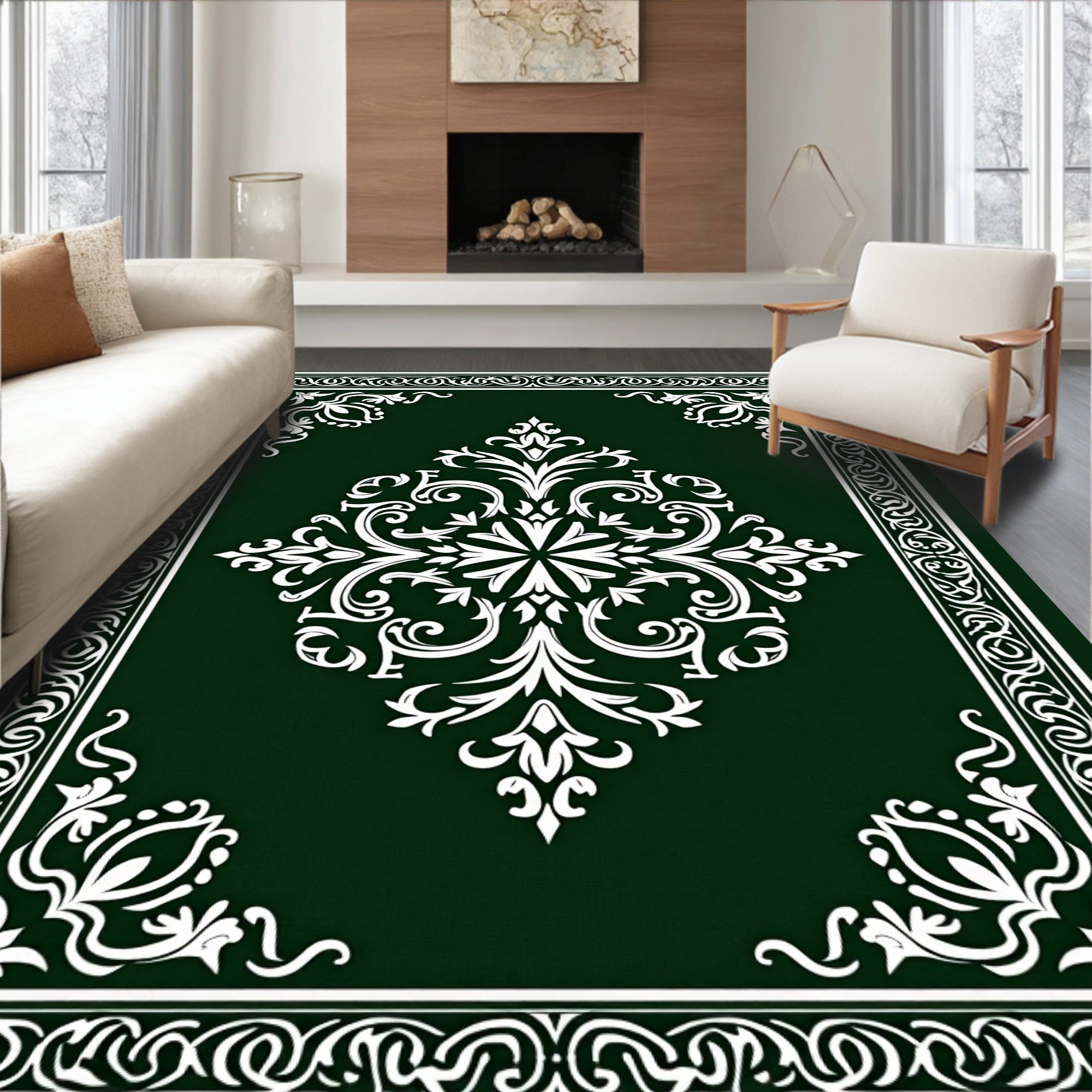 Traditional Dark Green Floral Mandala Rug