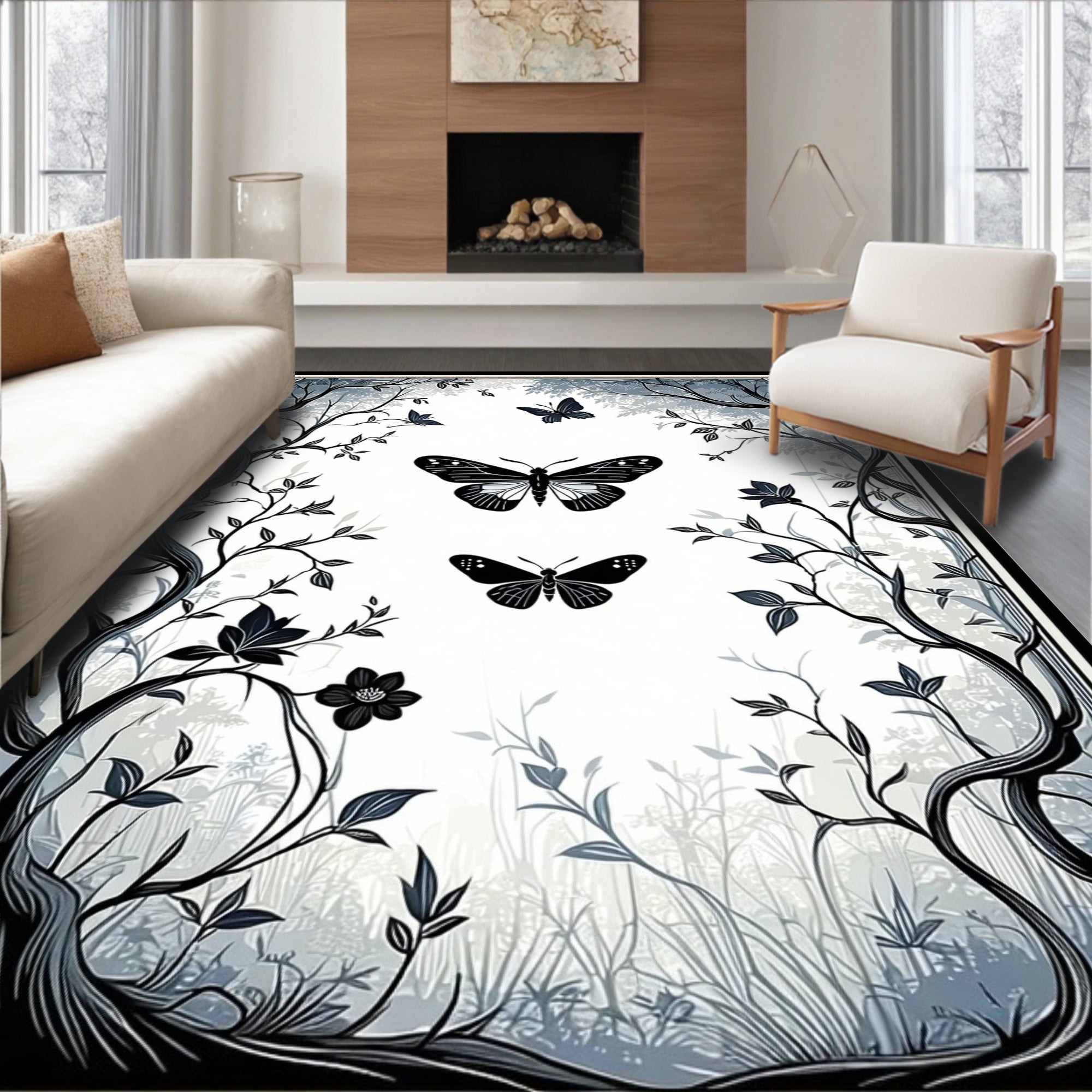 Enchanted Forest Butterfly and Tree Design Rug