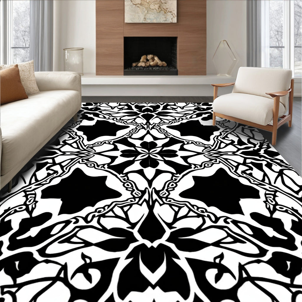 Bold Black White Abstract Floral Pattern Rug