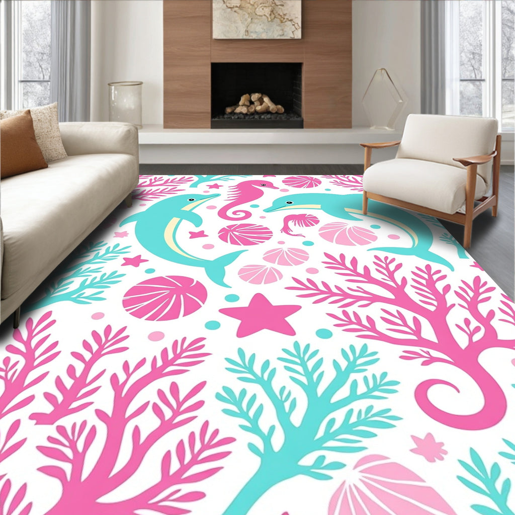 Playful Coral Dolphin Seahorse Pattern Rug