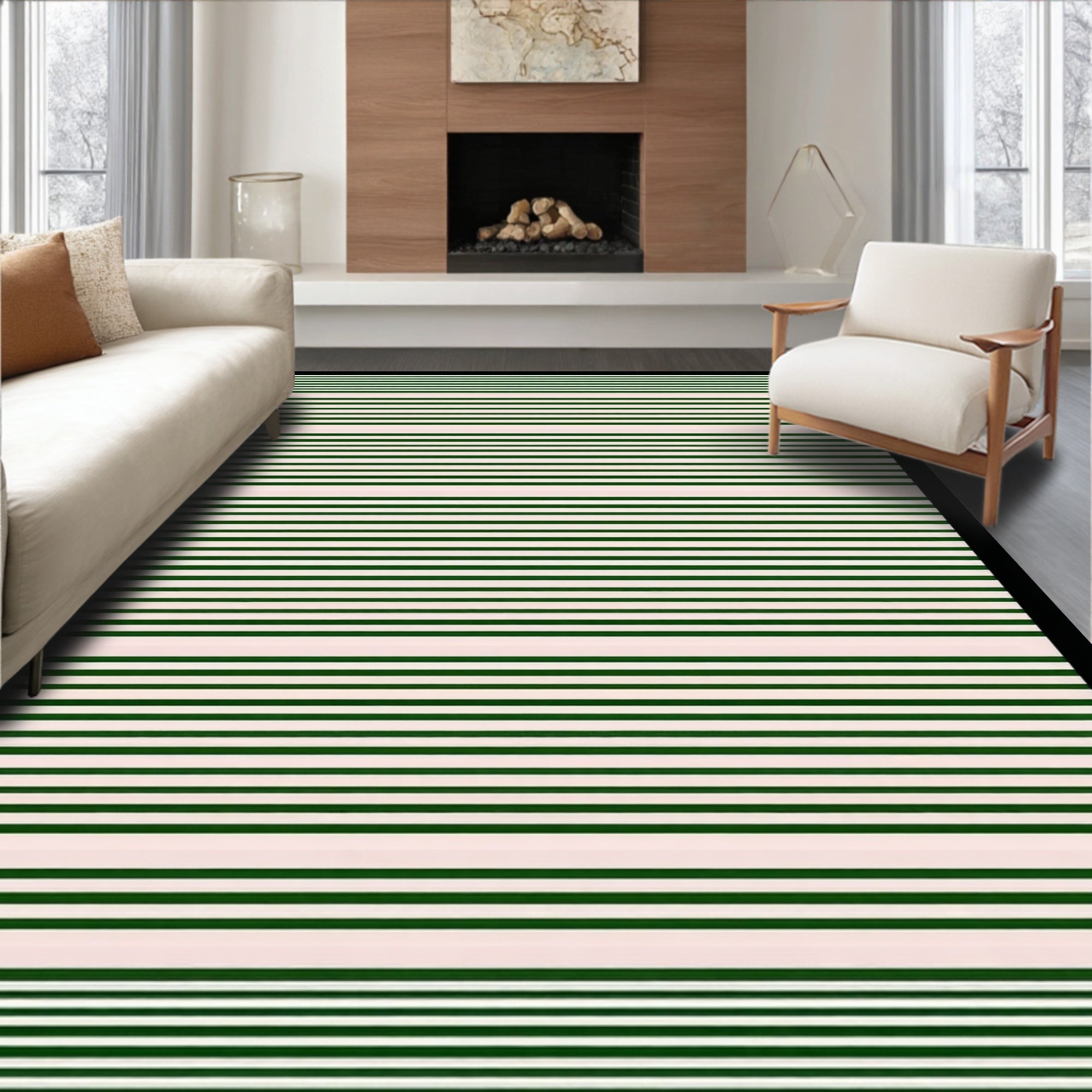 Striped Dark Green Cream Rug