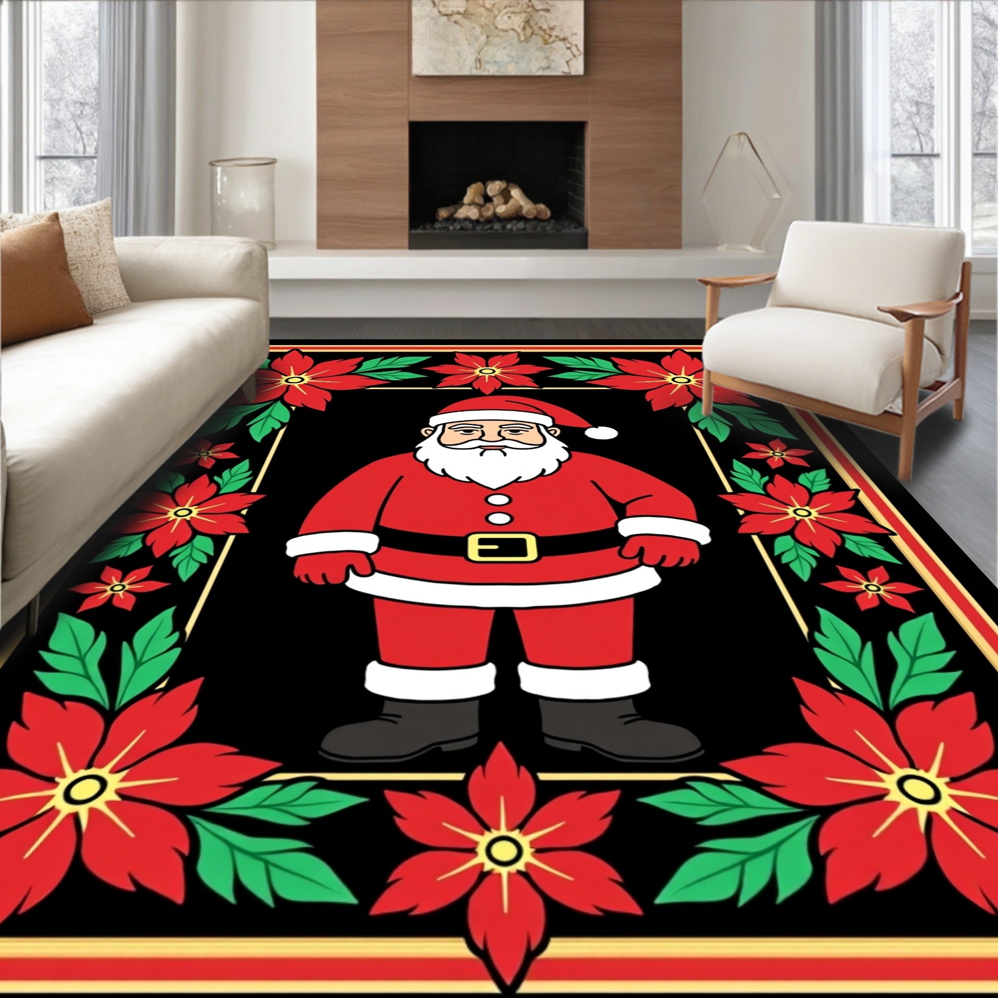Red Poinsettia Santa Claus Frame Rug