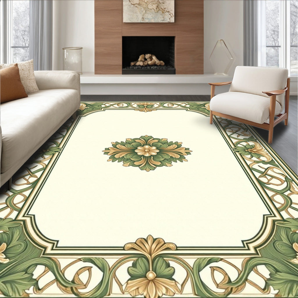 Elegant Green Gold Floral Border Rug