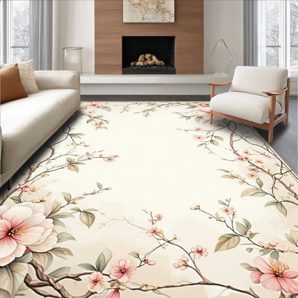 Floral Branches Delicate Pink Blossom Rug
