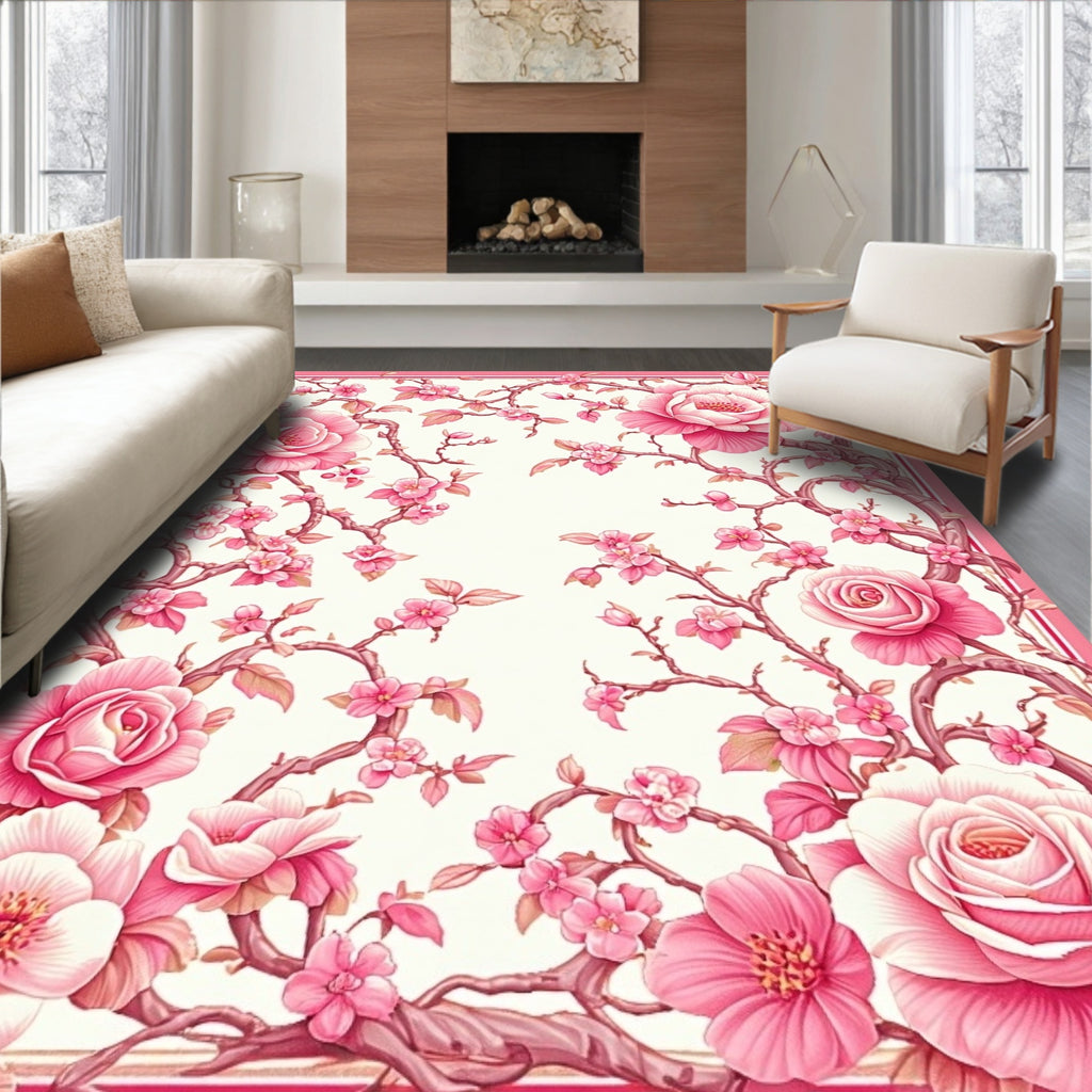Whimsical Pink Blossom Floral Design Rug