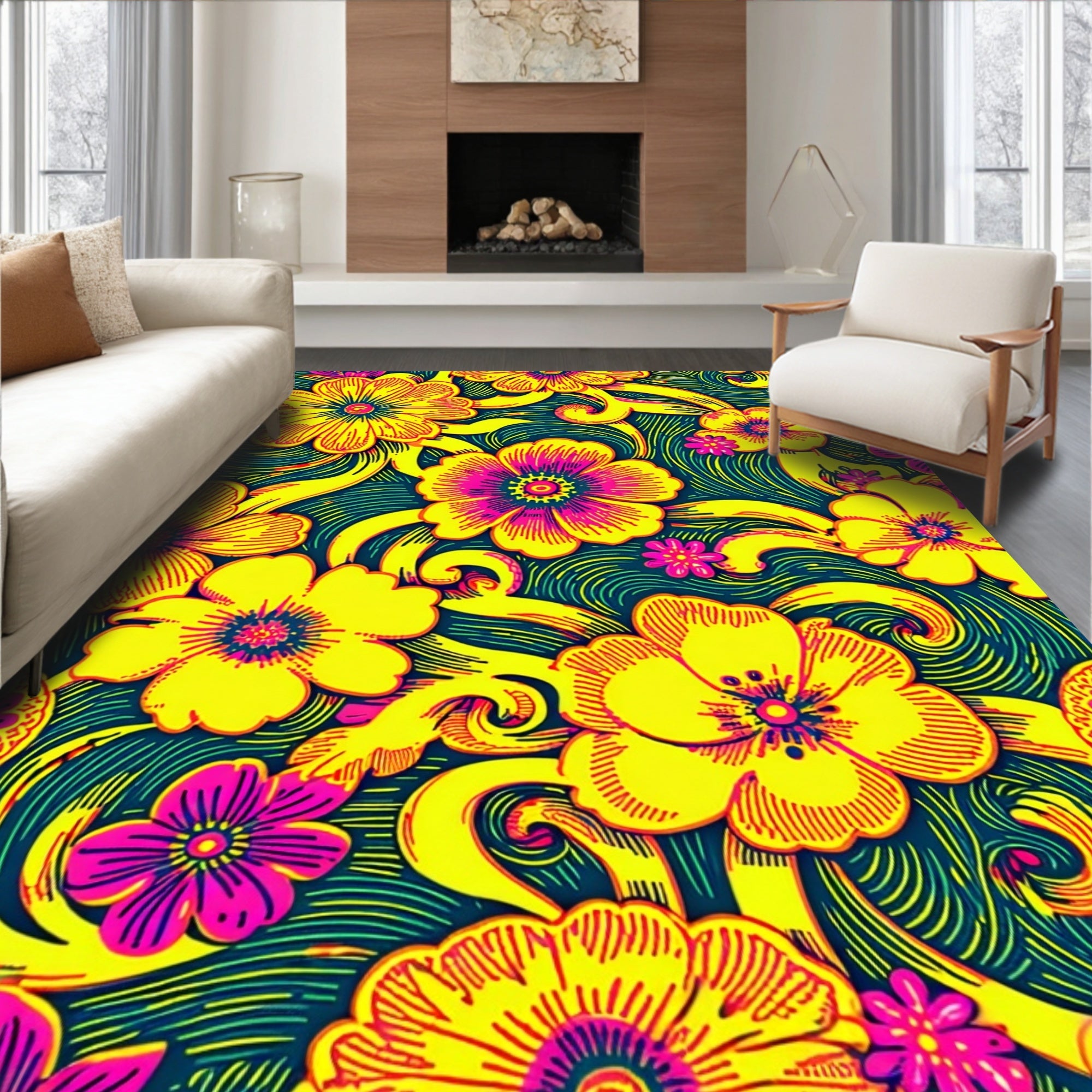 Vibrant Floral Swirl Pattern Rug