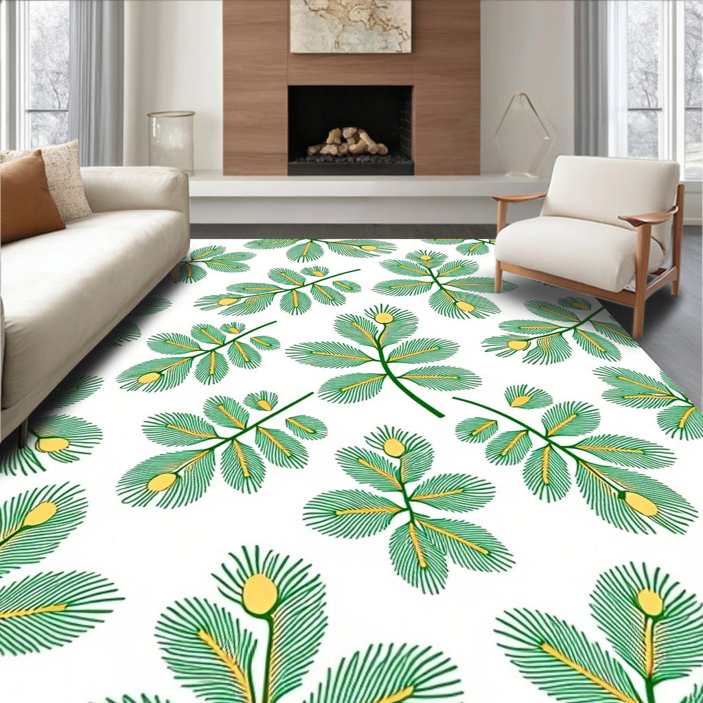 Green Yellow Botanical Branch Pattern Rug