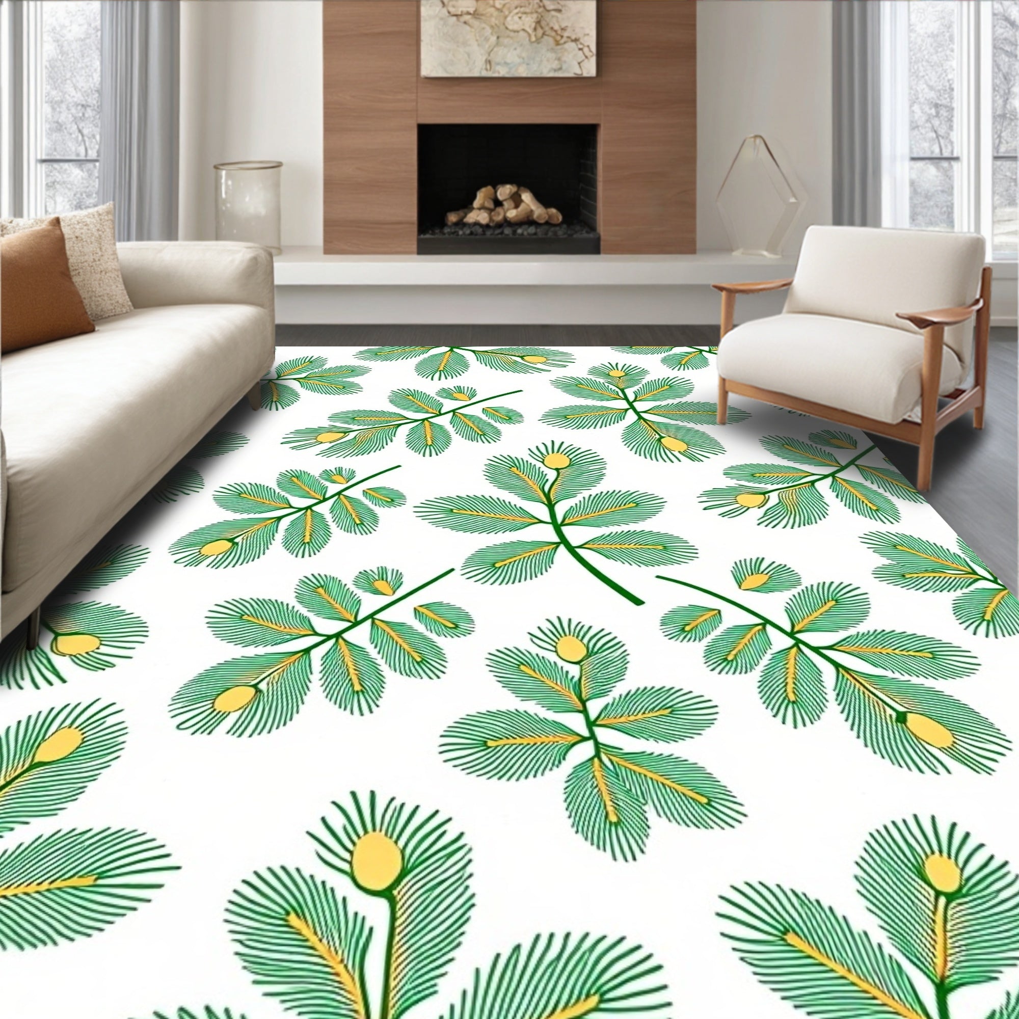 Green Yellow Botanical Branch Pattern Rug