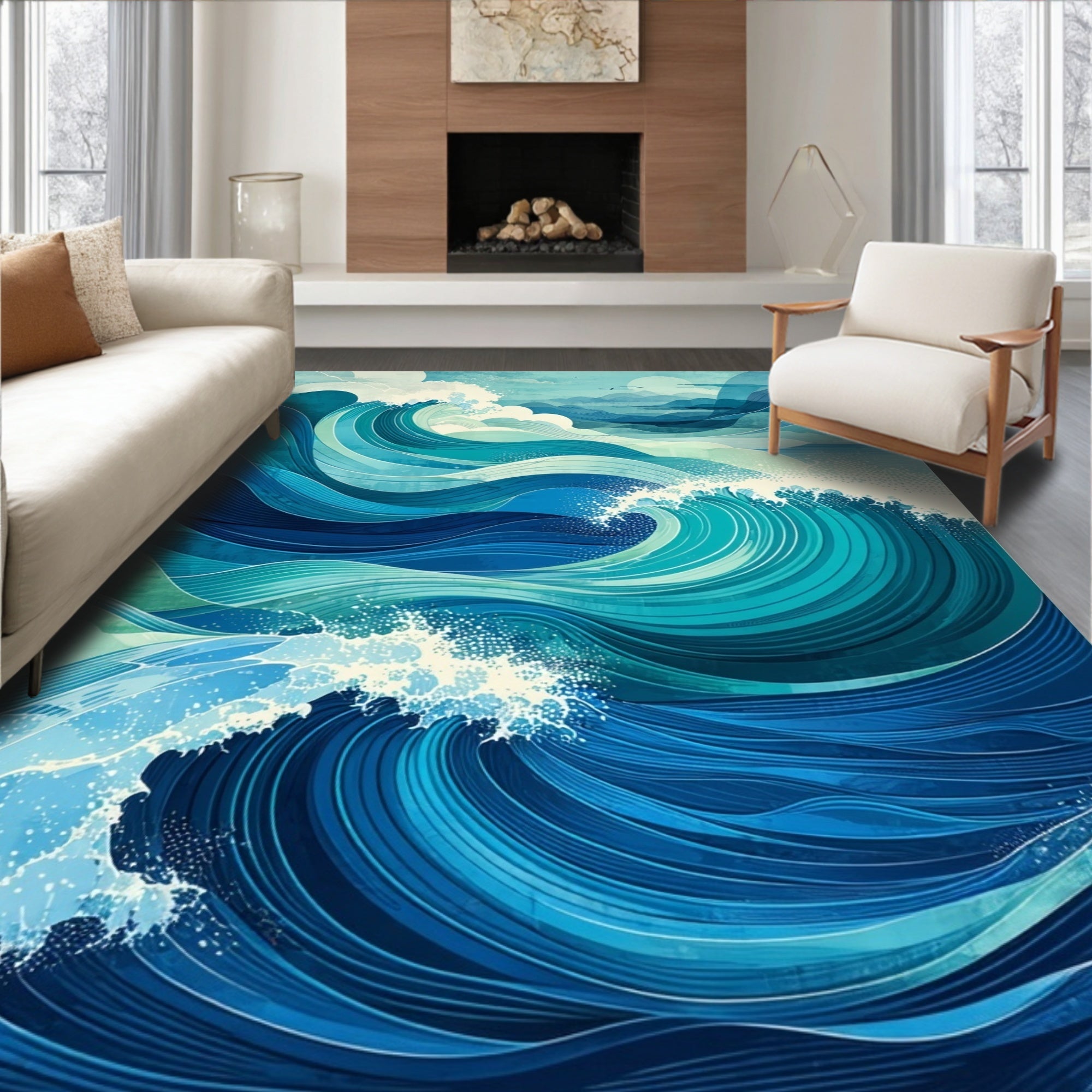 Teal Layered Ocean Waves Rug