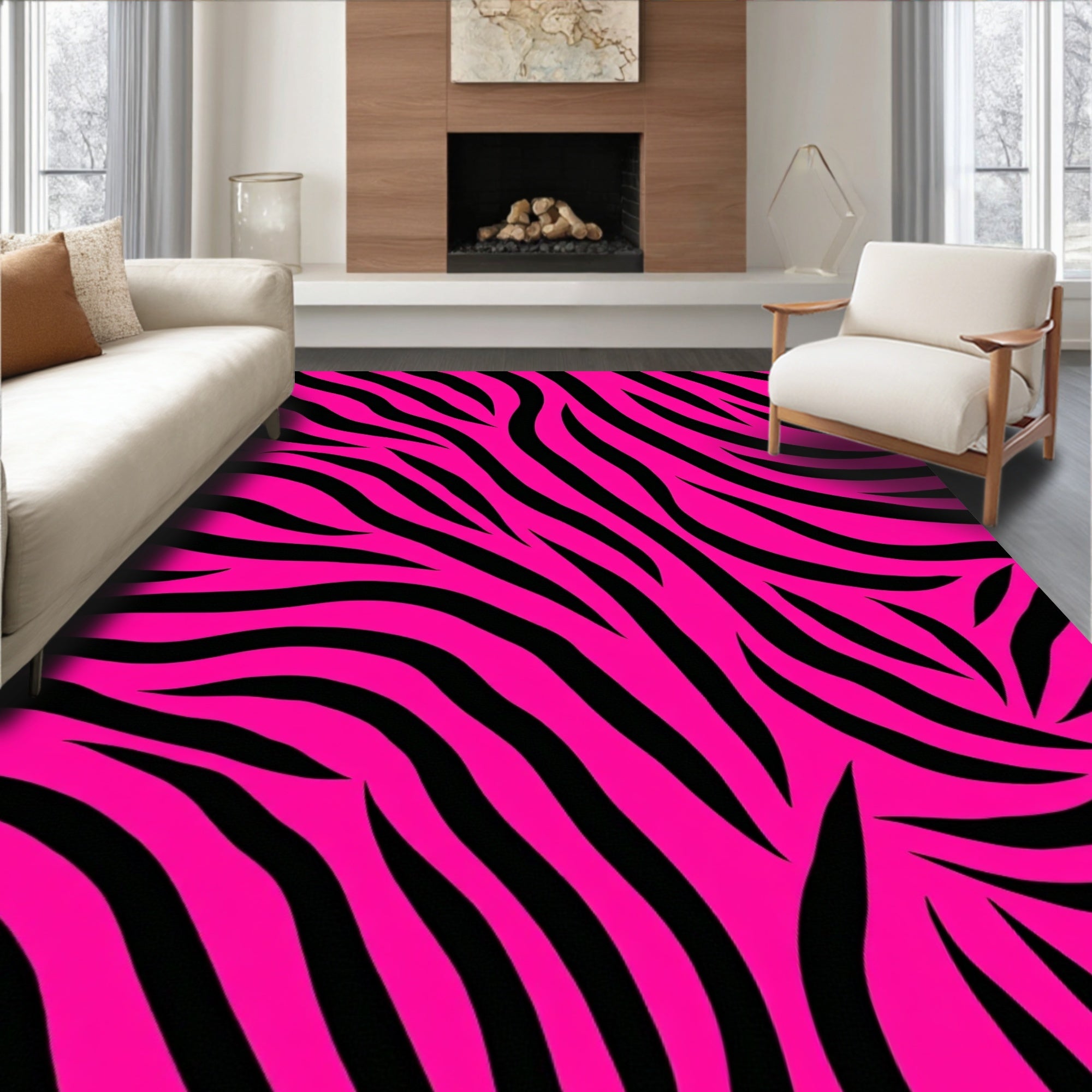 Bright Pink Zebra Abstract Design Rug