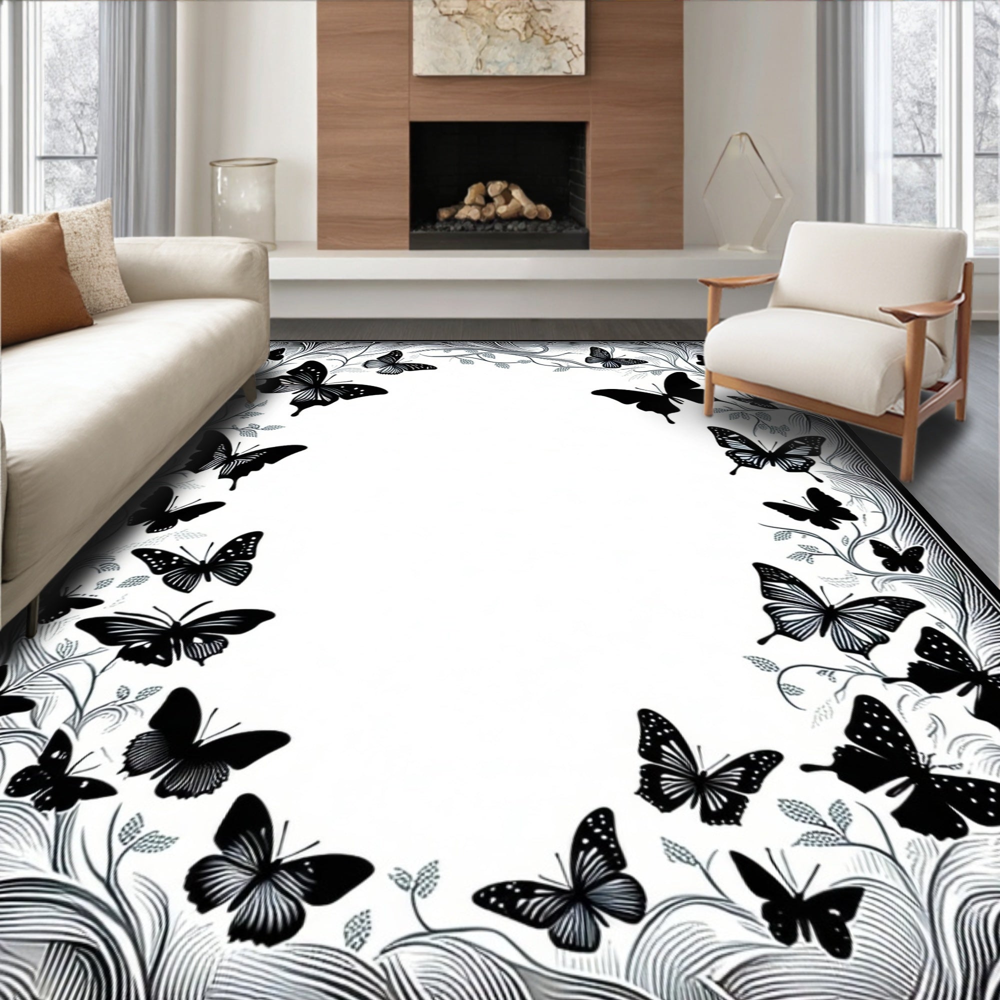 Black White Butterfly Scrollwork Design Rug