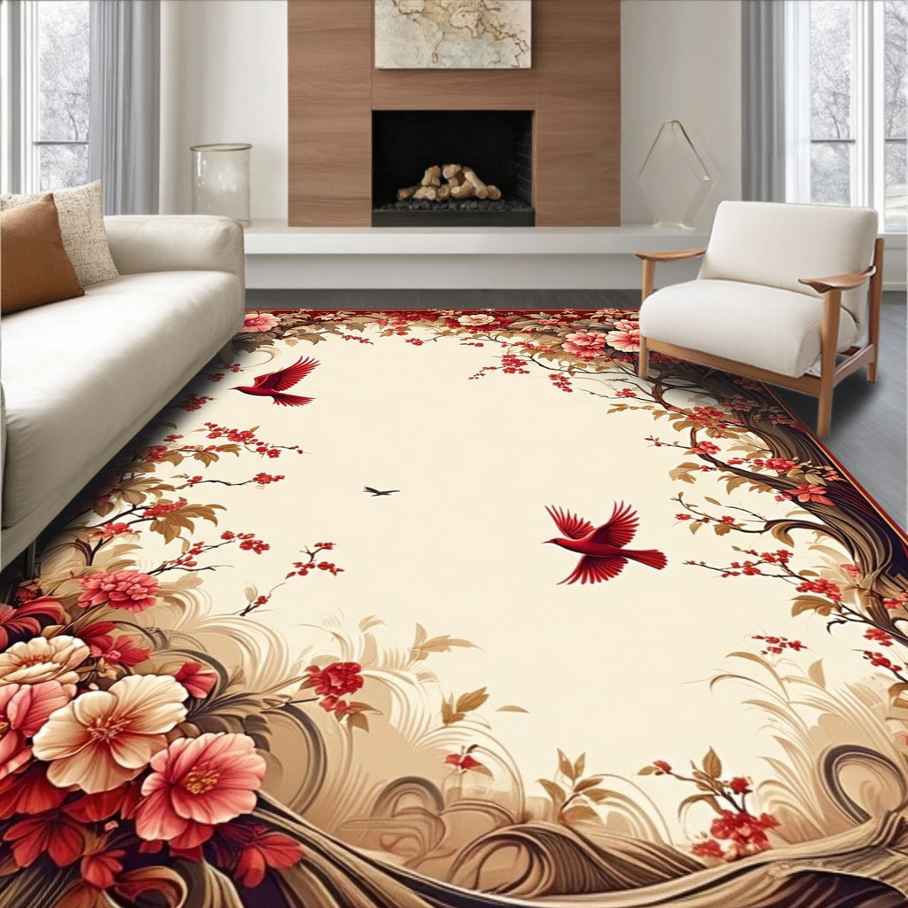 Red Birds Cherry Blossoms Design Rug