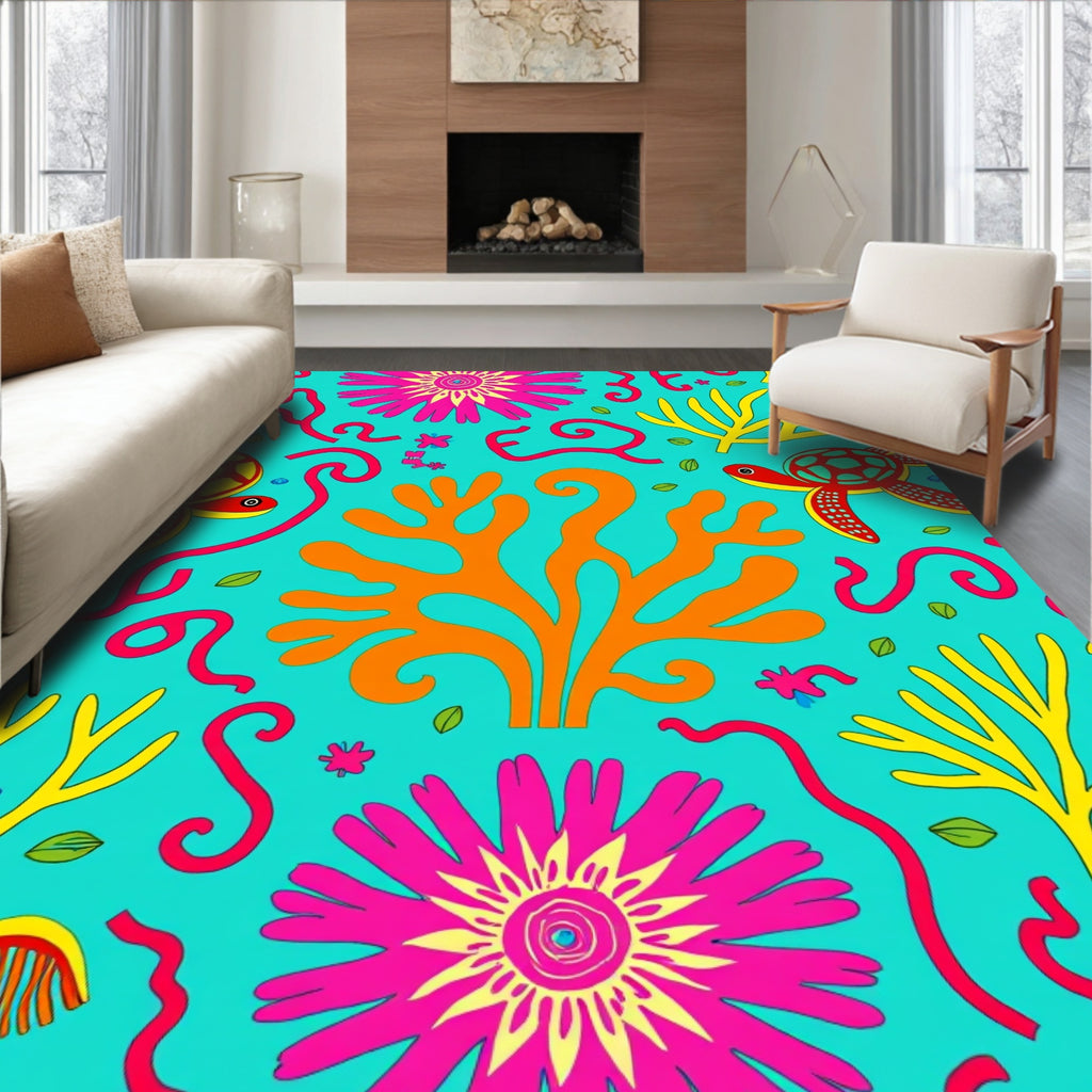 Whimsical Aquatic Coral Turtle Pattern Rug