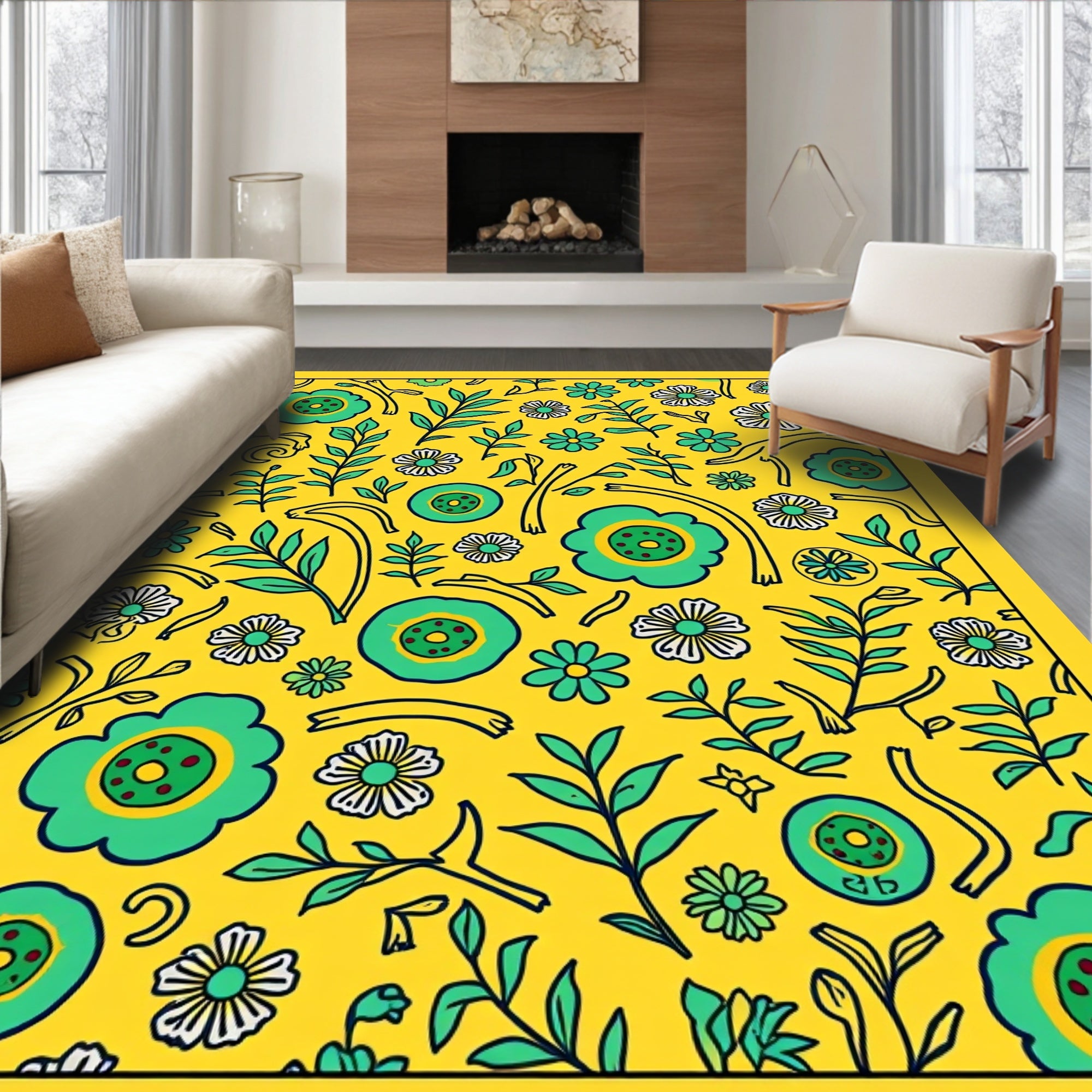 Floral Branches Yellow And Green Design Rug