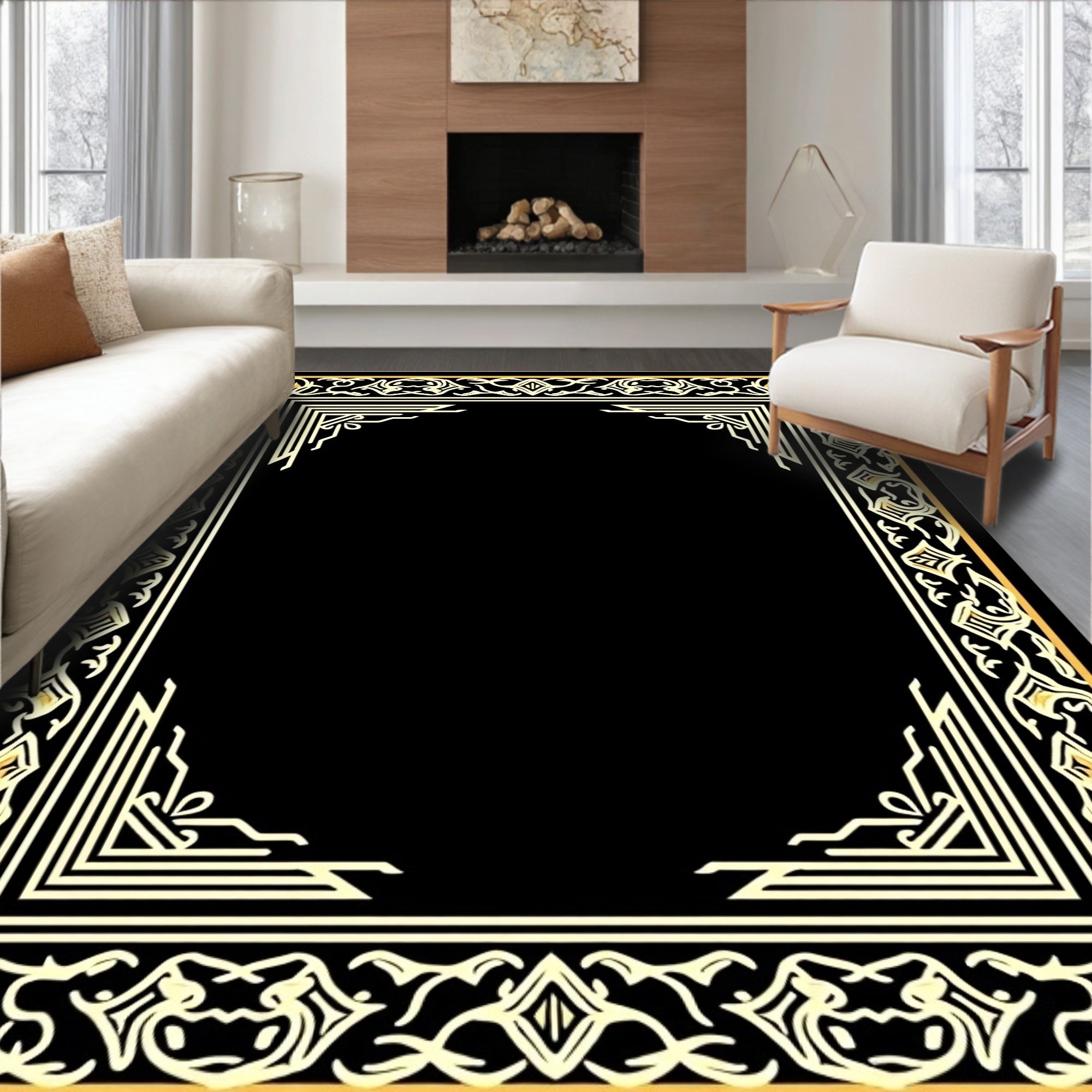 Ornate Black Gold Border Design Rug