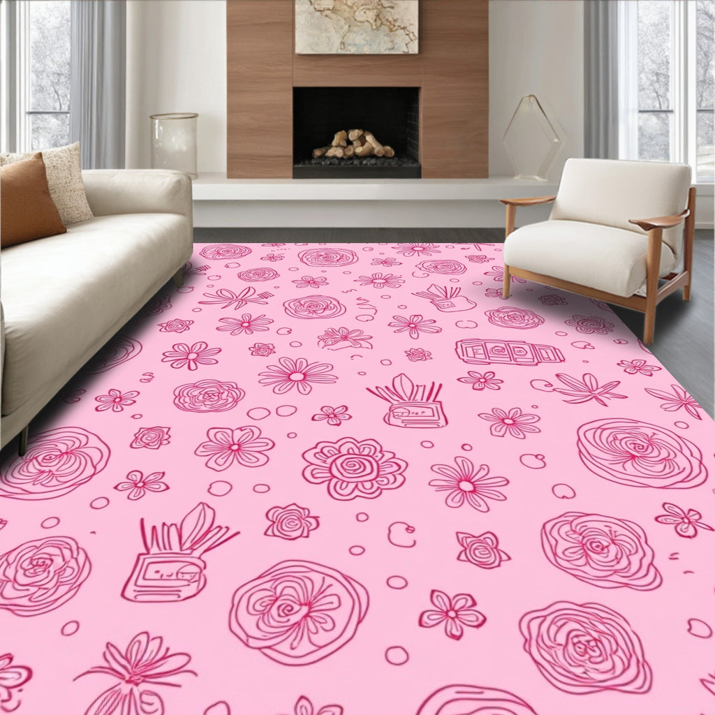 Whimsical Floral Sketch Pattern Rug