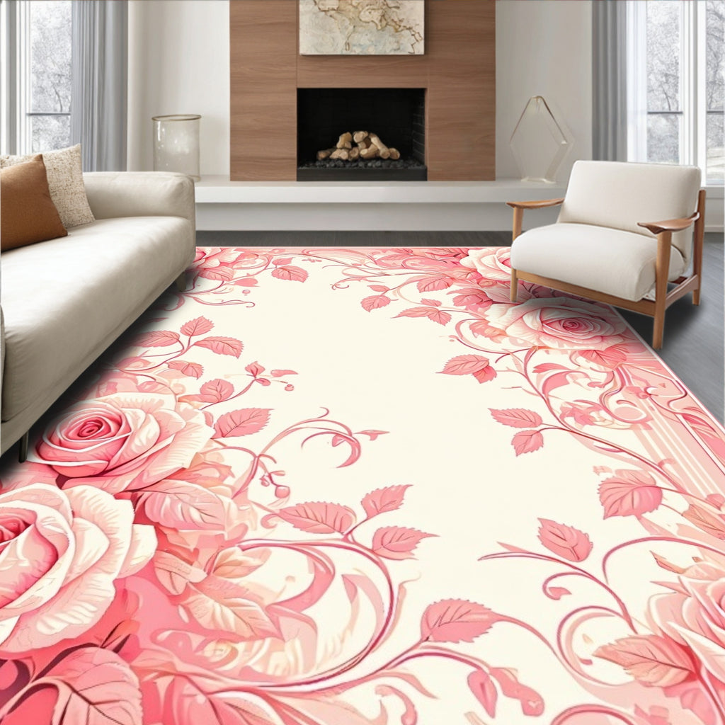 Pink Rose Floral Vines Design Rug