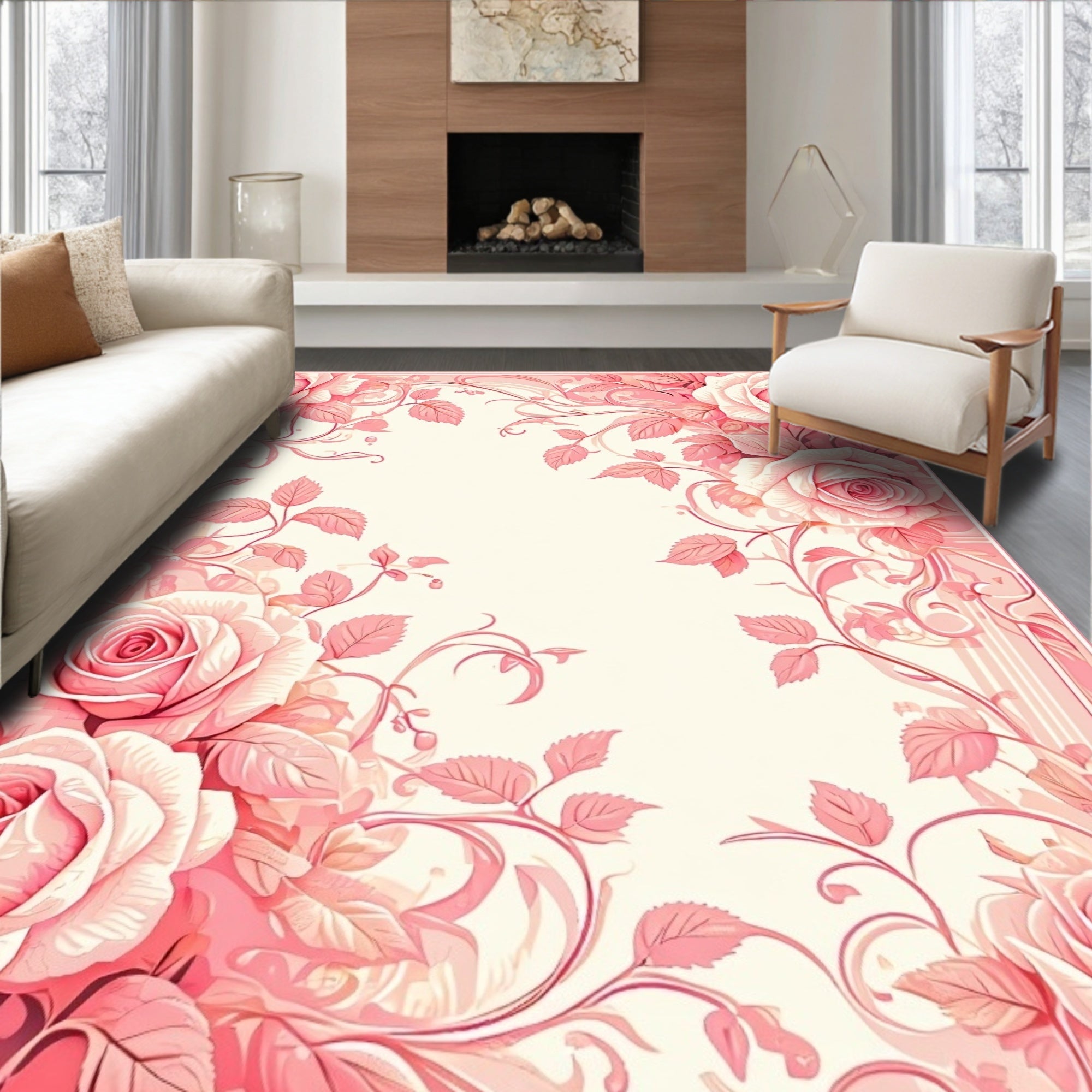 Pink Rose Floral Vines Design Rug