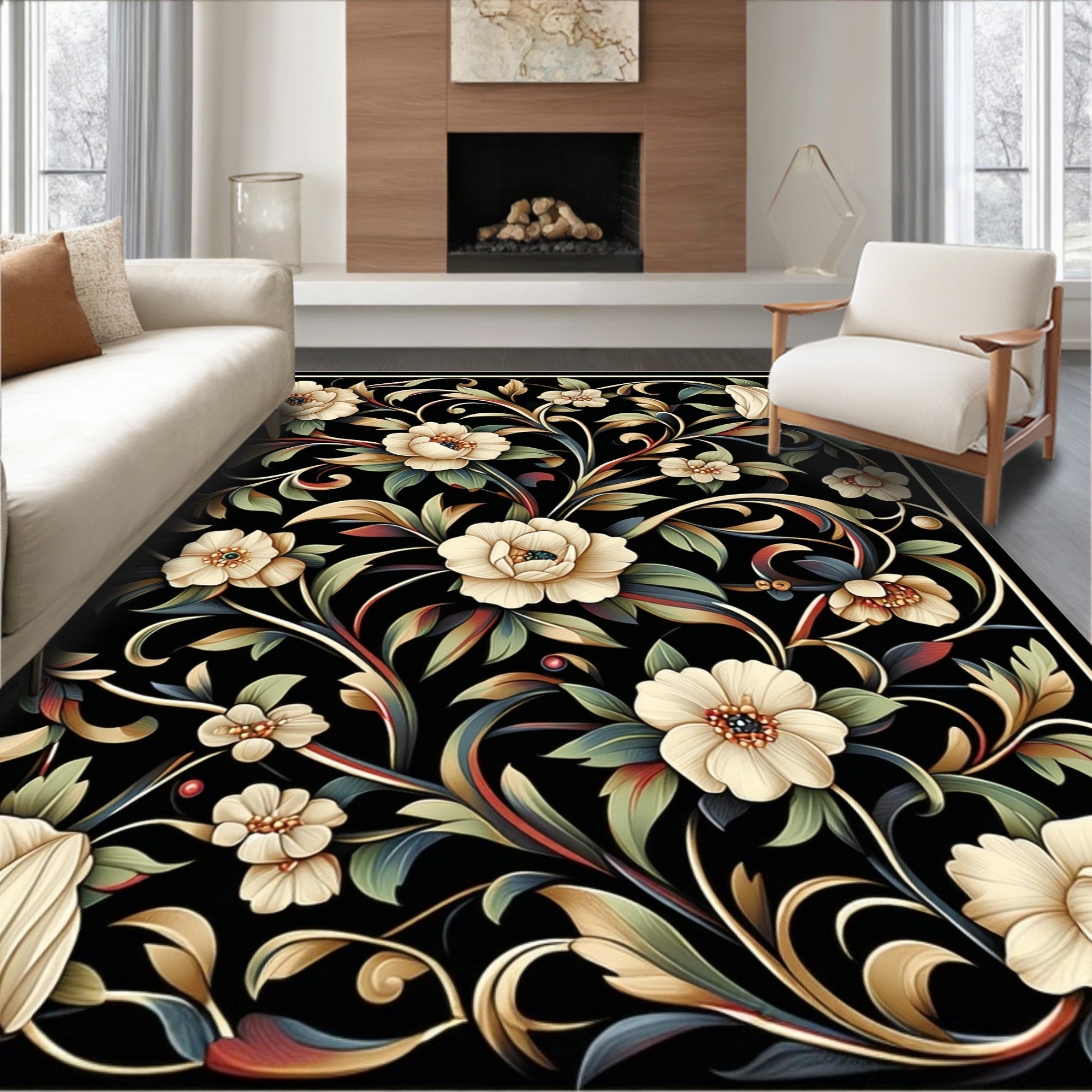 Cream Floral Vine Pattern Rug