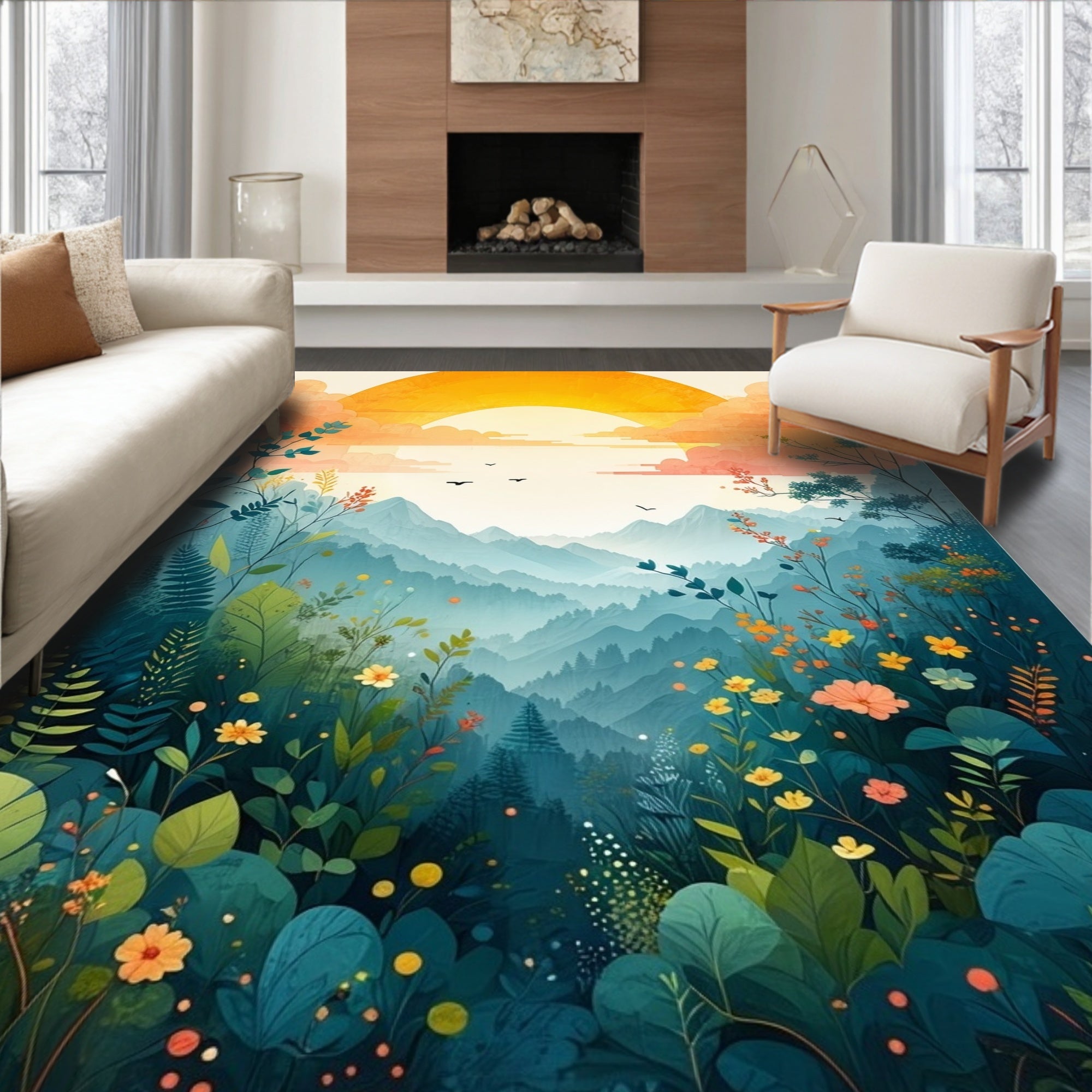 Misty Mountain Meadow Floral Design Rug
