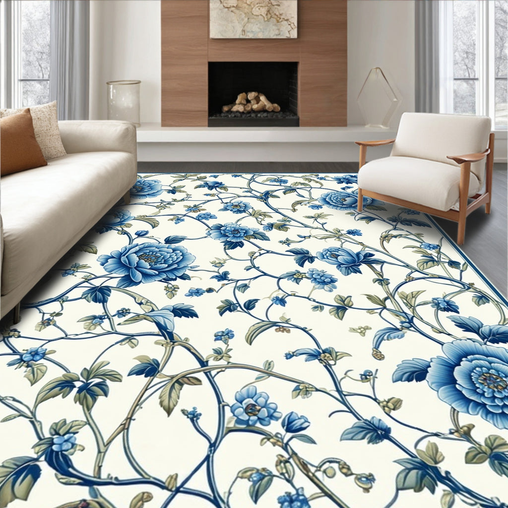 Classic Blue Floral Vine Pattern Rug