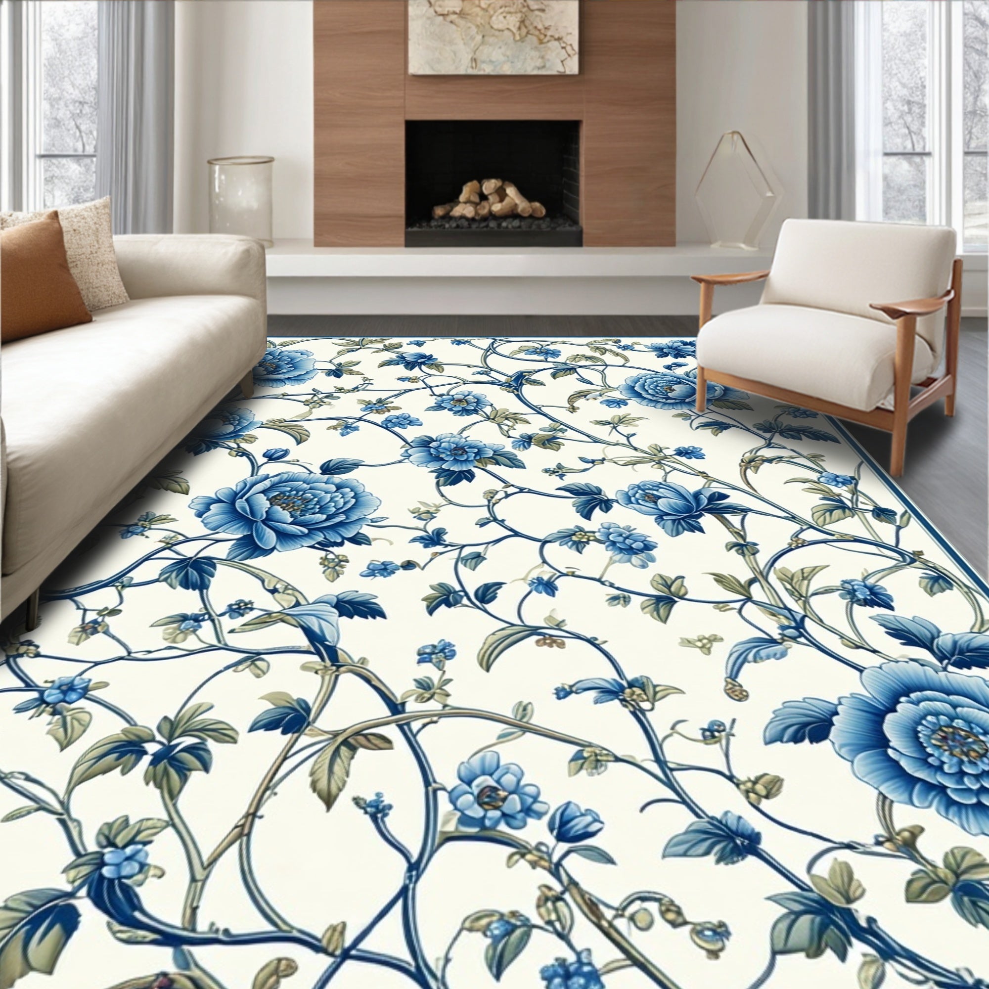 Classic Blue Floral Vine Pattern Rug