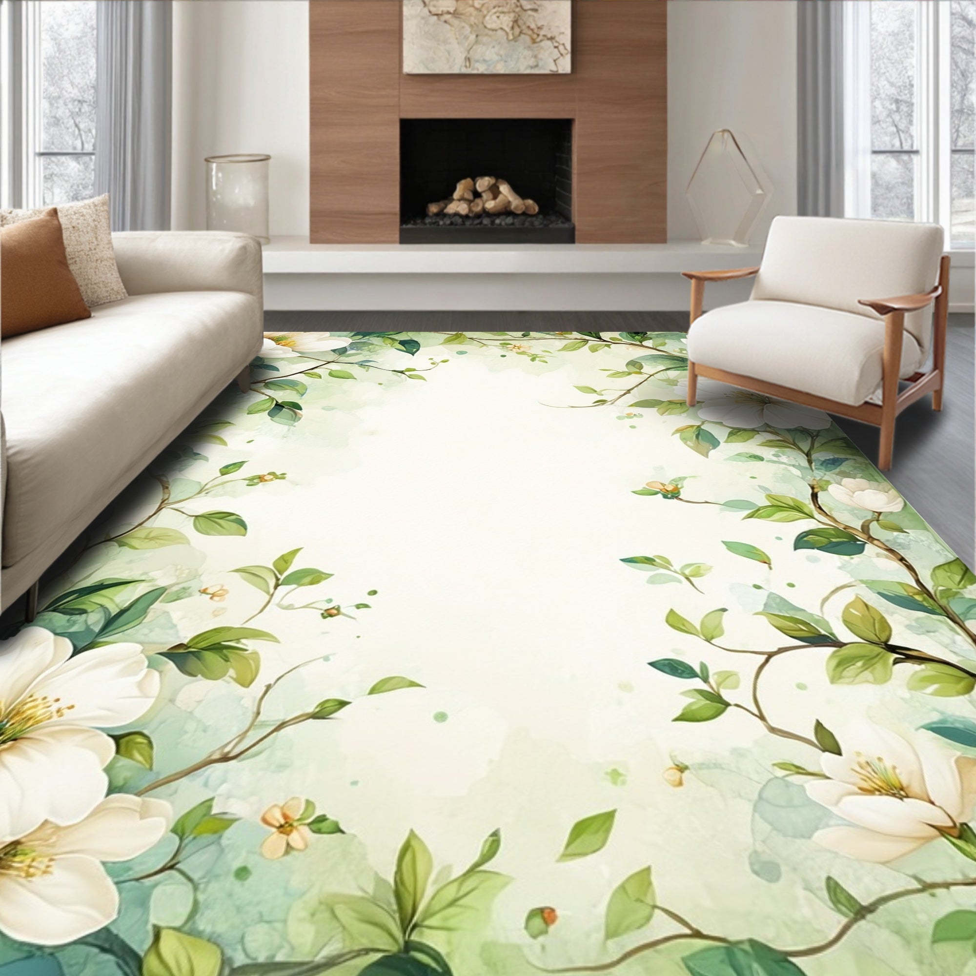 Elegant Floral Vine Watercolor Design Rug