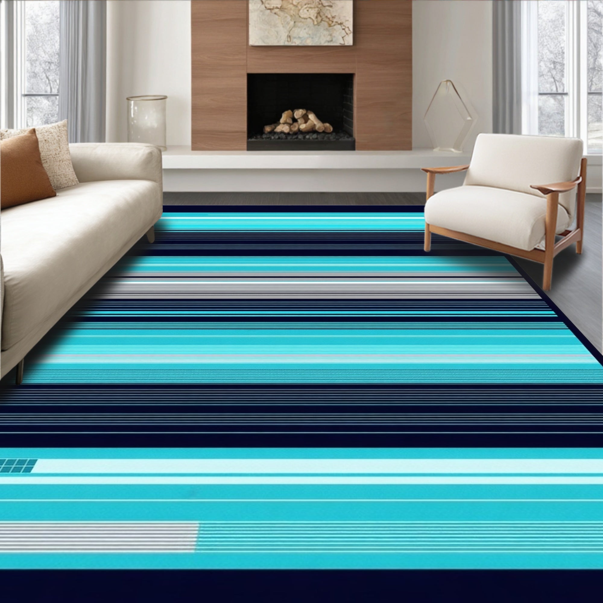 Modern Stripped Blue And White Design Rug