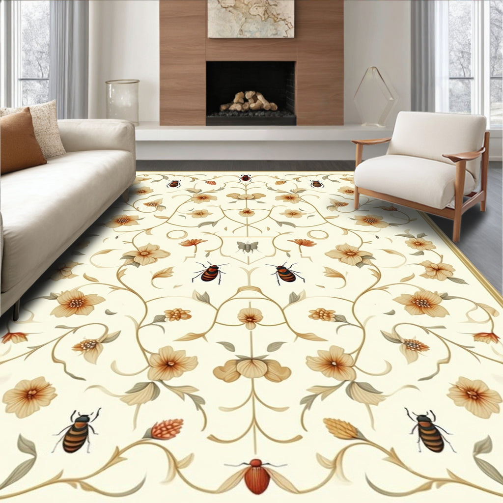 Ornate Floral Insect Botanical Garden Design Rug