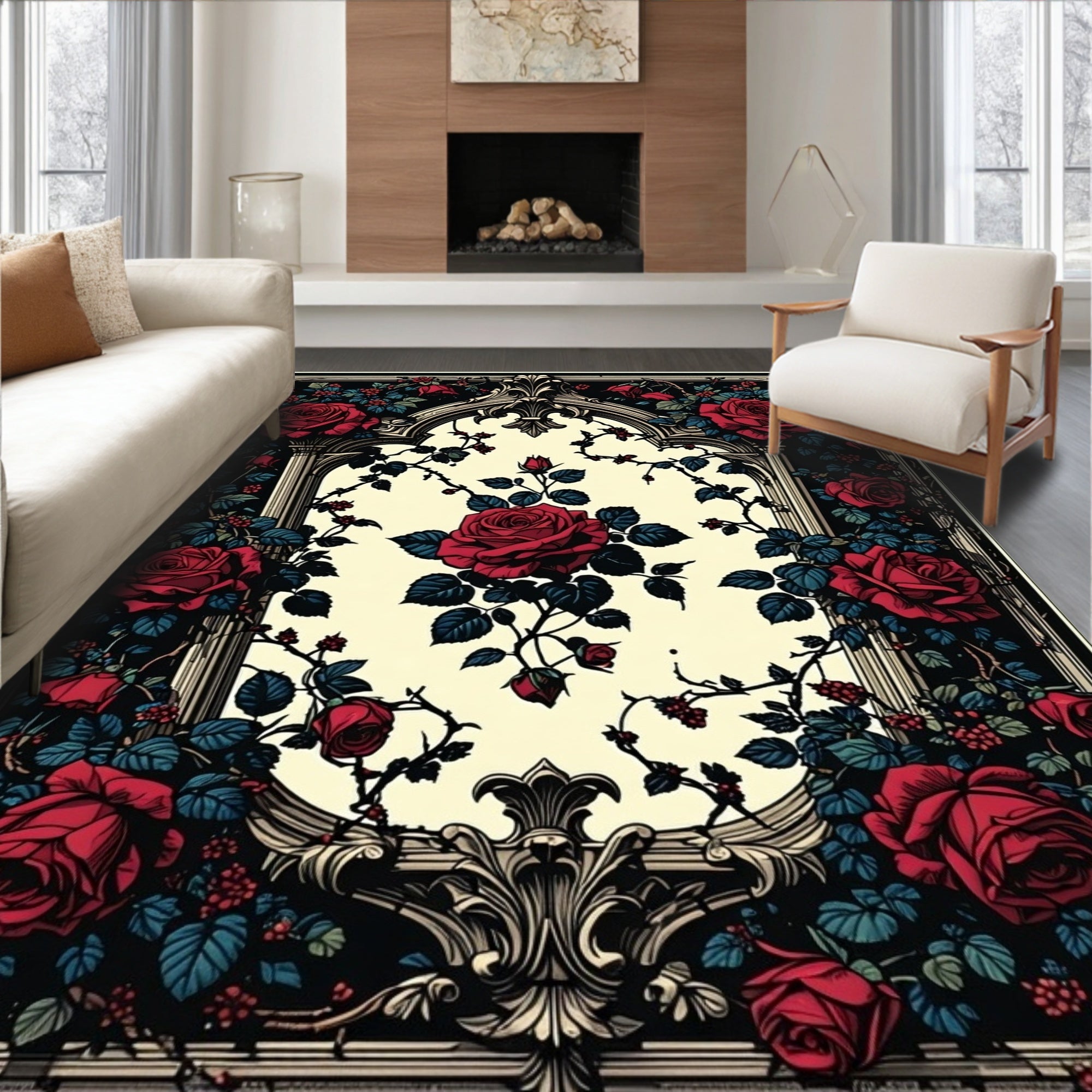 Ornate Rose and Vine Pattern Rug