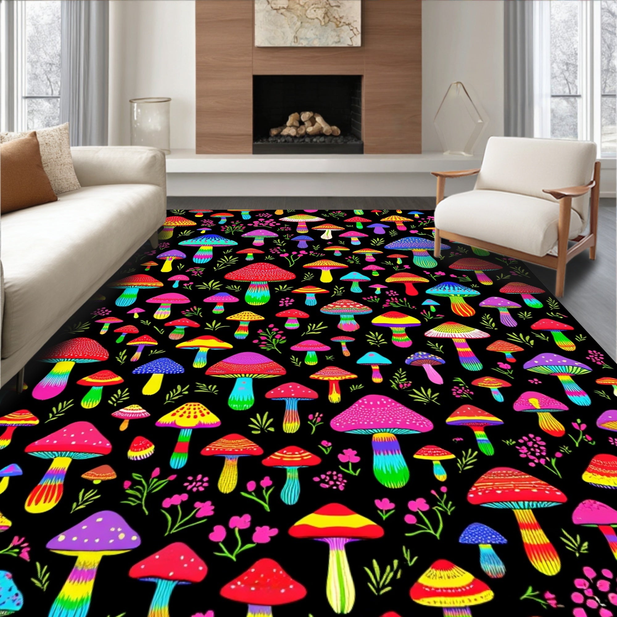 Psychedelic Mushroom Pattern Rainbow Rug